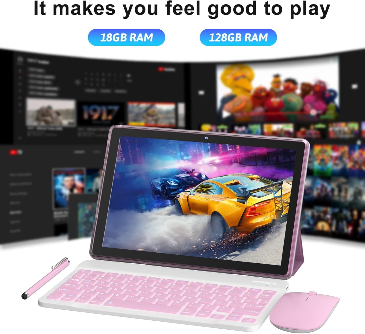 Android 15 Tablet, 10 Inch 18GB RAM+128GB ROM/ 2TB Expandable Tablet, 2.0GHz Quad-core Processor, 1280*800 HD Touch Screen, 5G WiFi6 BT 5.0, 2 in 1 Tablets with Keyboard Case Mouse Stylus Pink - Image 4