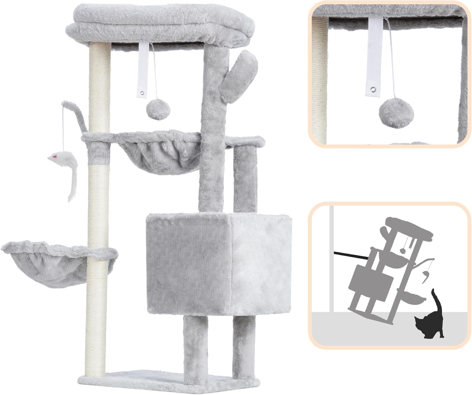 Árbol para Gatos Heybly, Torre de 39.4 Pulgadas con Poste Rascador, Torre para Gatos de Interior, Poste Envuelto en Sisal, Plataforma Suave, 2 Cestas y Juguete Colgante, Gris Claro HCT006SW 39.4 pulgadas Gris Claro - Image 8