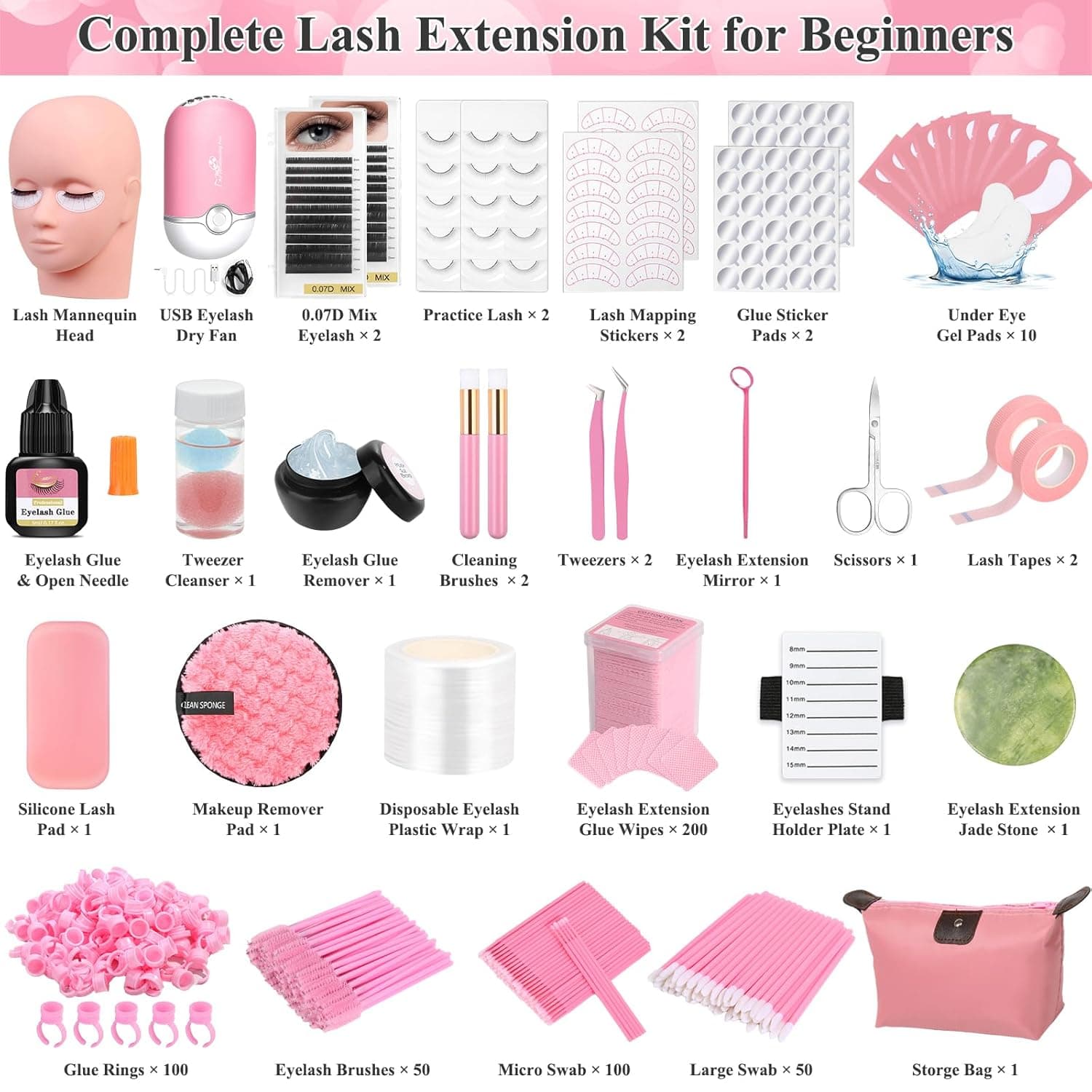 Lashes Kit for Eyelash Extension Beginner Lash Tech Starter Kit with Eye Lash Mannequin Head, Professional Eyelash Extension Kit with Lash Fan, Extension Glue and Eyelash Remover for Practice Training Pink - Image 3