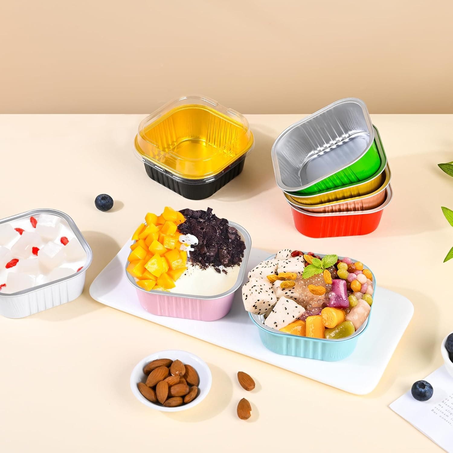 40 Pack Mini Cake Pans with Lids, 5oz Square Aluminum Foil Brownie Baking Cups, Muffin Tin Ramekins, Disposable Dessert Cupcake Cups for Wedding Birthday Party, Gold - Image 5