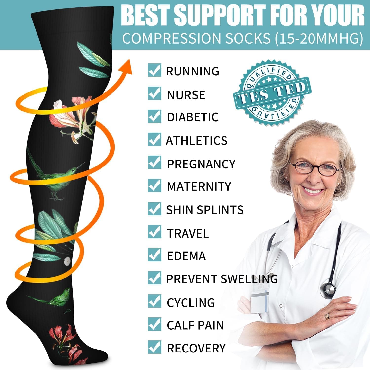 Bluemaple Thigh High Compression Socks for Women and Men Circulation(3 Pairs) Over the Knee-Best Support for Running,Travel Large-X-Large Thigh High socks-assort01 - Image 6