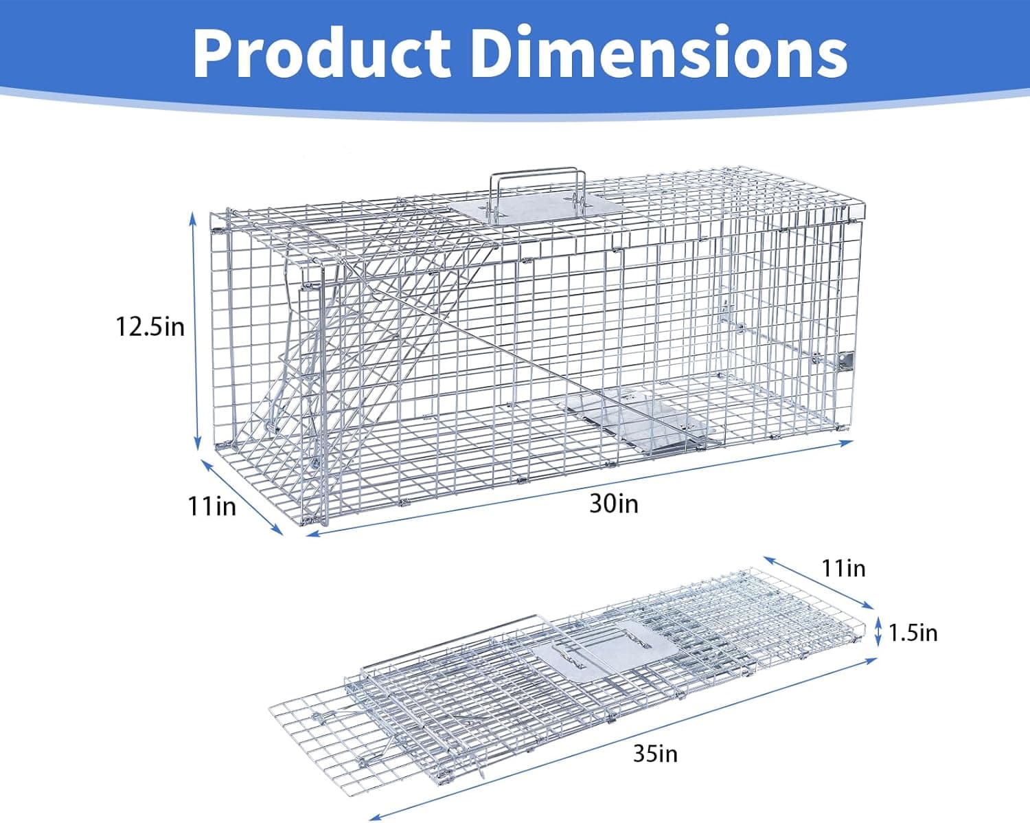 32” Humane Animal Trap, Live Animal Trap Cage for Stray Cats, Raccoons, Squirrels, Rabbits, Moles, Groundhogs, Armadillos up to 16.5 lbs, Galvanized Rustproof Live Animal Cage Trap - Image 3
