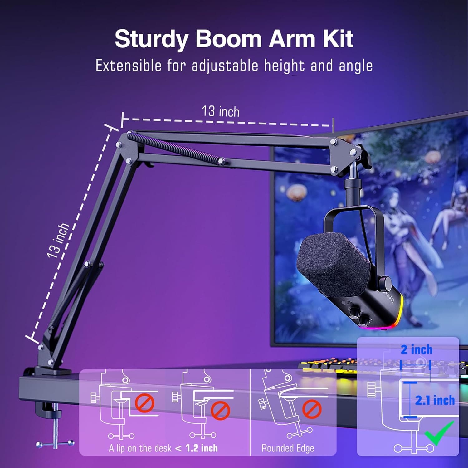 FIFINE XLR/USB Gaming Microphone Set, Dynamic PC Mic for Streaming Podcasting, Computer RGB Mic Kit with Boom Arm Stand, Mute Button, Headphones Jack, for Recording Vocal Voice-Over-AmpliGame AM8T Black - Image 7