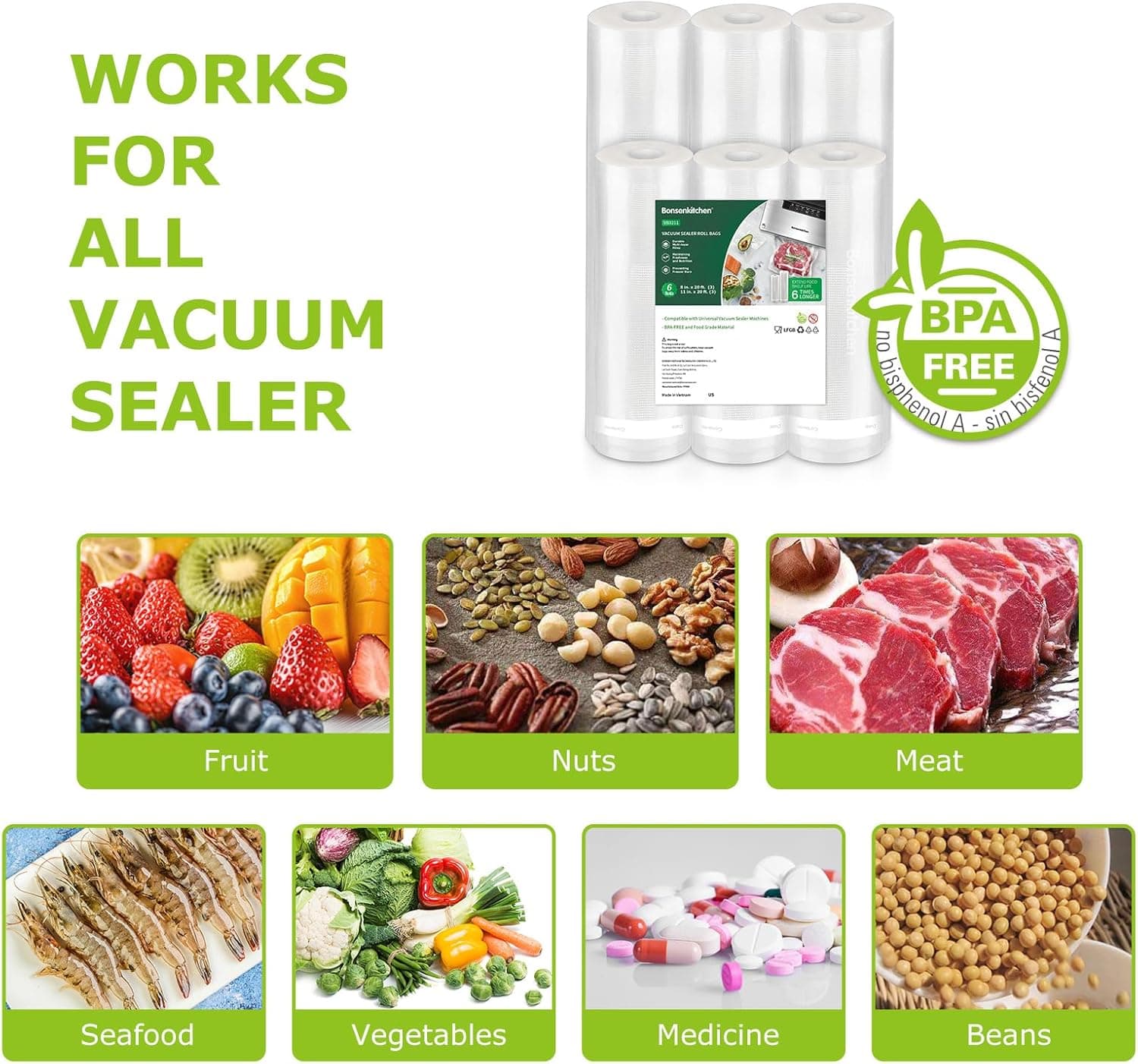 Bonsenkitchen Vacuum Sealer Rolls Bags, 6 Pack 3 Rolls 11" x 20' + 3 Rolls 8" x 20' Commercial Grade BPA Free Bag Rolls, Durable Customized Size Food Vac Bags for Storage and Sous Vide Cooking VB3211 3 Rolls 8 in*20 ft + 3 Rolls 11 in*20 ft - Image 5