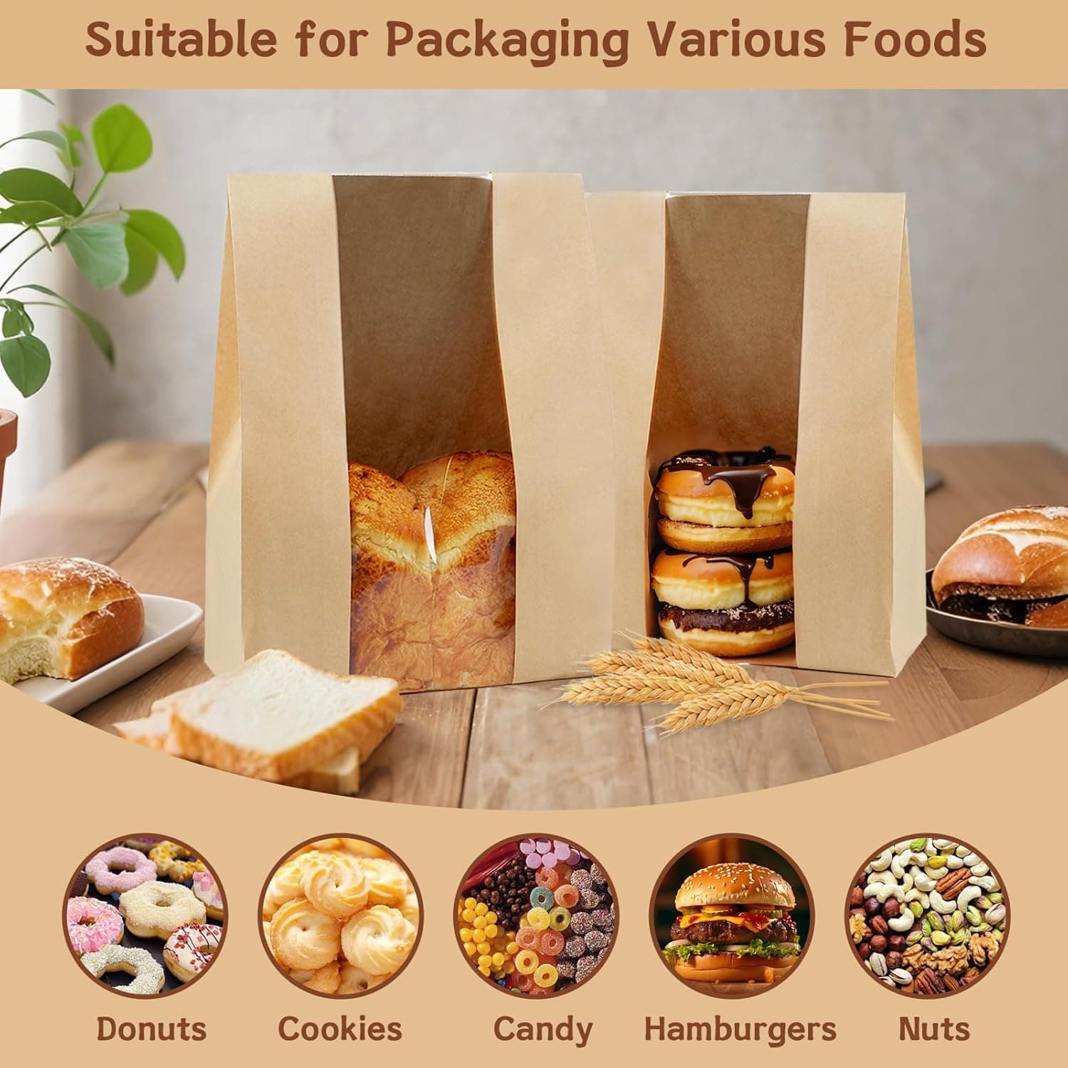 100 Pack Large 14x8.3x3.5in Bread Bags for Homemade Bread, Kraft Paper Bakery Bags with Clear Window & Tin Tie Lock, Thicker Cookie & Snack Storage Bags, Includes 100 Sealing Stickers - Image 5