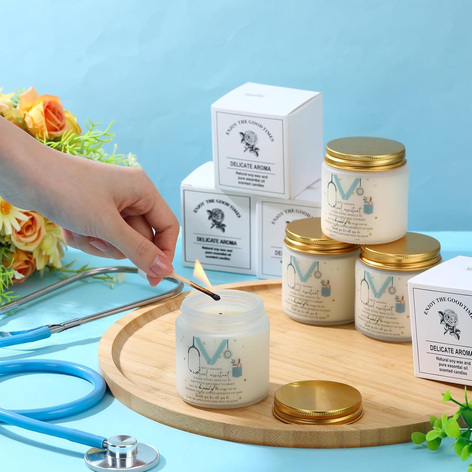 Nuanchu 4 Pcs Medical Assistant Gifts Soy Scented Candles Bulk Aromatherapy Jar 3.5 oz Soy Wax 4 Styles Scented Candles Presents for Women Nurse Week Thanksgiving Christmas Birthday Medical Assistants Gold 4 - Image 5