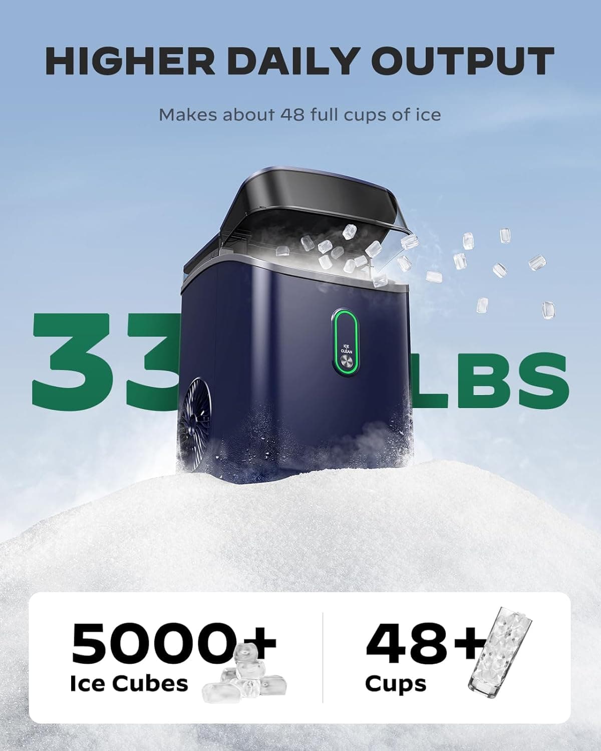 Silonn Nugget Ice Maker Countertop, Pebble Ice Maker with Crushed Ice, One-Click Operation Ice Machine with Self-Cleaning, 33lbs/24H for Home, Kitchen, Office, Blue - Image 2
