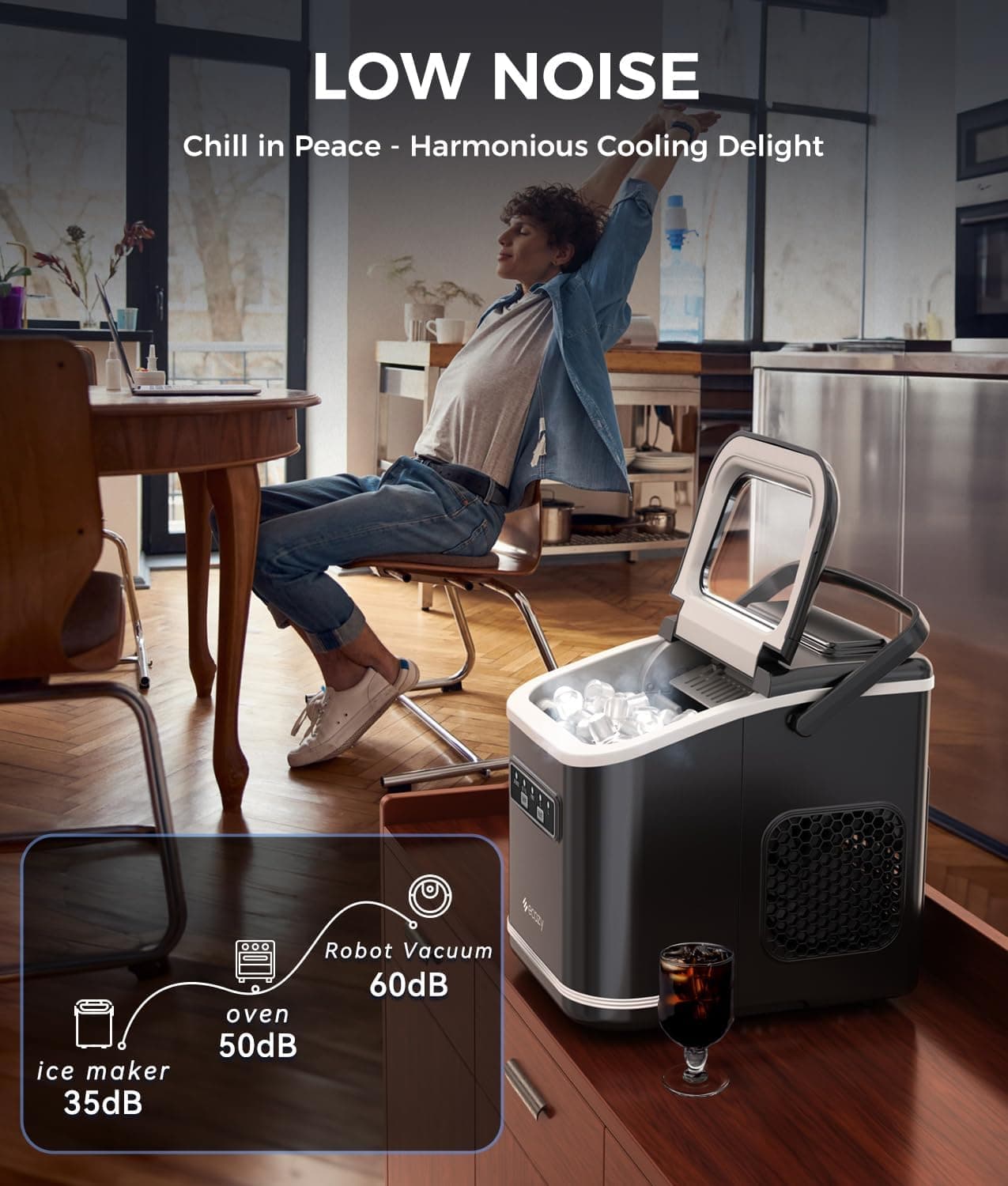 Ecozy 台面冰块机，便携式，自清洁，6分钟制成9个子弹冰块，24小时产冰26磅，带冰袋、手柄、立式铲和篮子，黑色，IM-BS261C 煤灰色 - Image 5