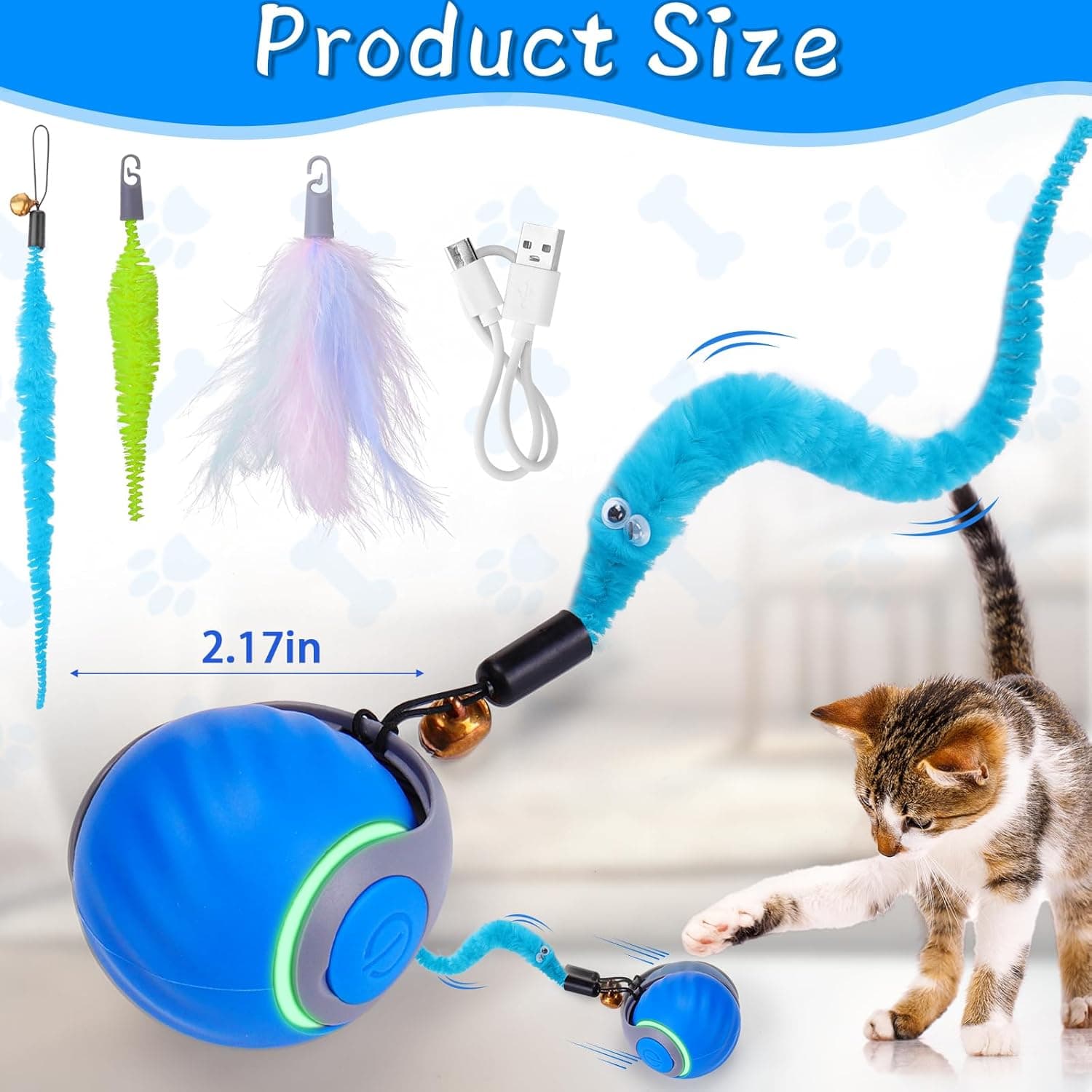 BABORUI Interactive Cat Toy Ball - Automatic Interactive Cat Toys for Indoor Cats with 3 Tails, 2 Speeds Rechargeable Cat Enrichment Toys for Small/Medium/Large Cats to Keep Them Busy(Blue) - Image 6