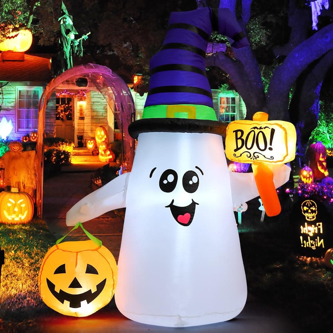 GOOSH 5 FT Halloween Inflatables Ghost Outdoor Decorations Blow Up Yard Cute Wizard Ghost with Pumpkin with Built-in LEDs for Garden Lawn Indoor Party Holiday Decor - Image 2