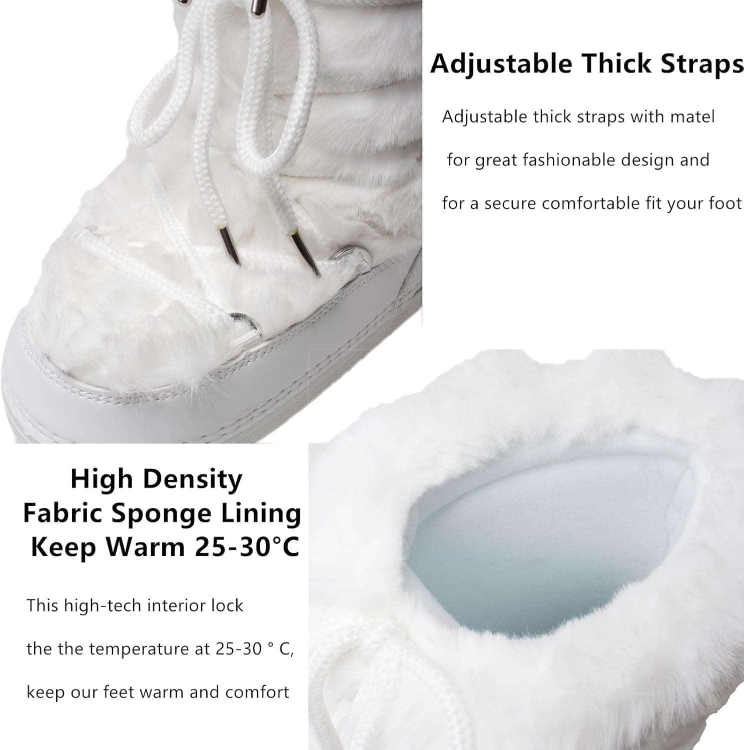 Faux Fur Boots for Women - Fuzzy Fluffy Furry Water Resistant Snow Boots for Women - Anti-Slip with Cotton Sponge Lined and TPR Rubber Sole Black White Fur Boots 8-9 White - Image 6