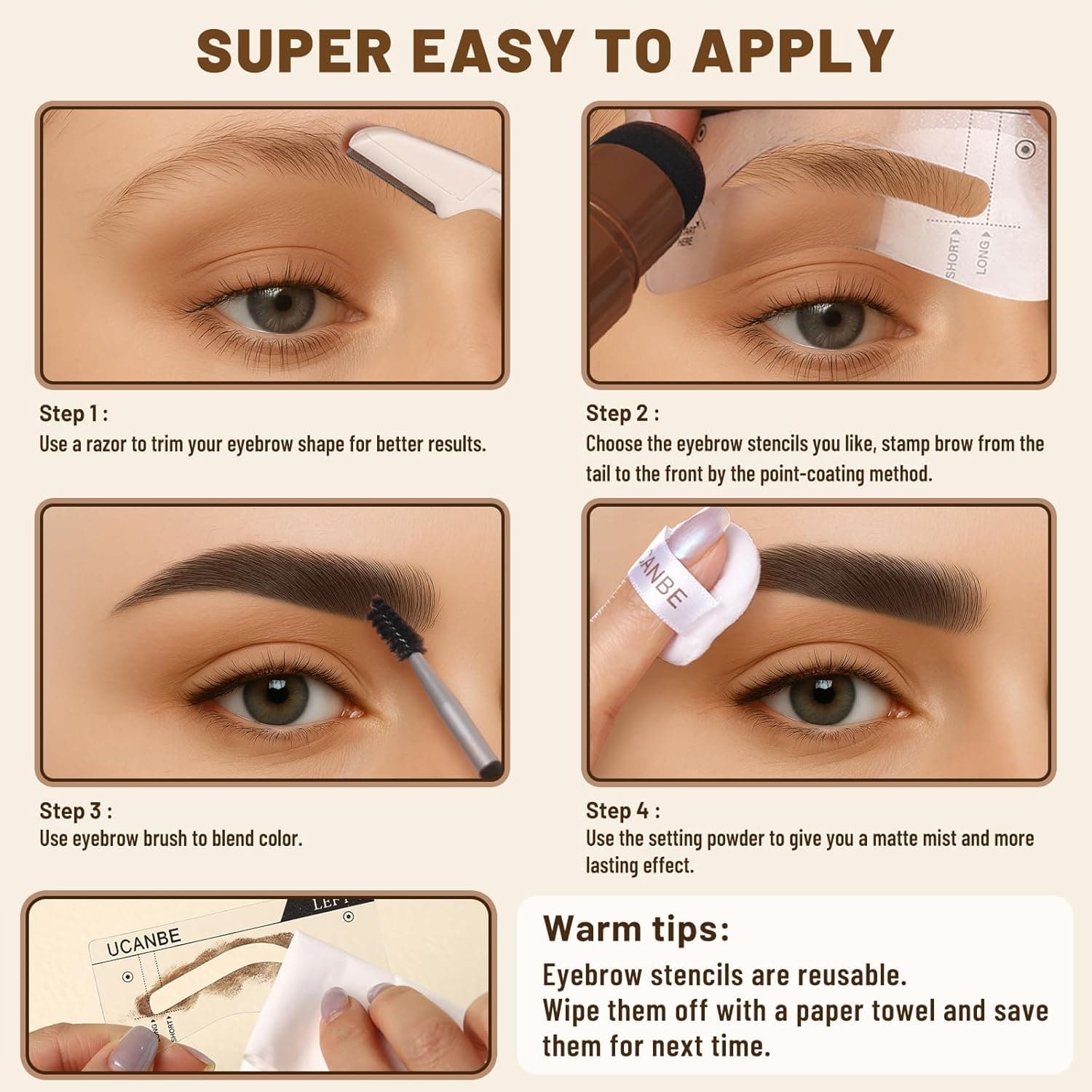 UCANBE 25PCS Eyebrow Stamp Stencil Kit With Dual-Color Eyebrow Stamp Pomade,20 Reusable Eyebrow Stencils,Finising Powder,Brush,Eyebrow Razor,Zipper Pouch,Waterproof Eye Brow Stamping and Shaping Kit04 Dark Brown+Black Brown - Image 6