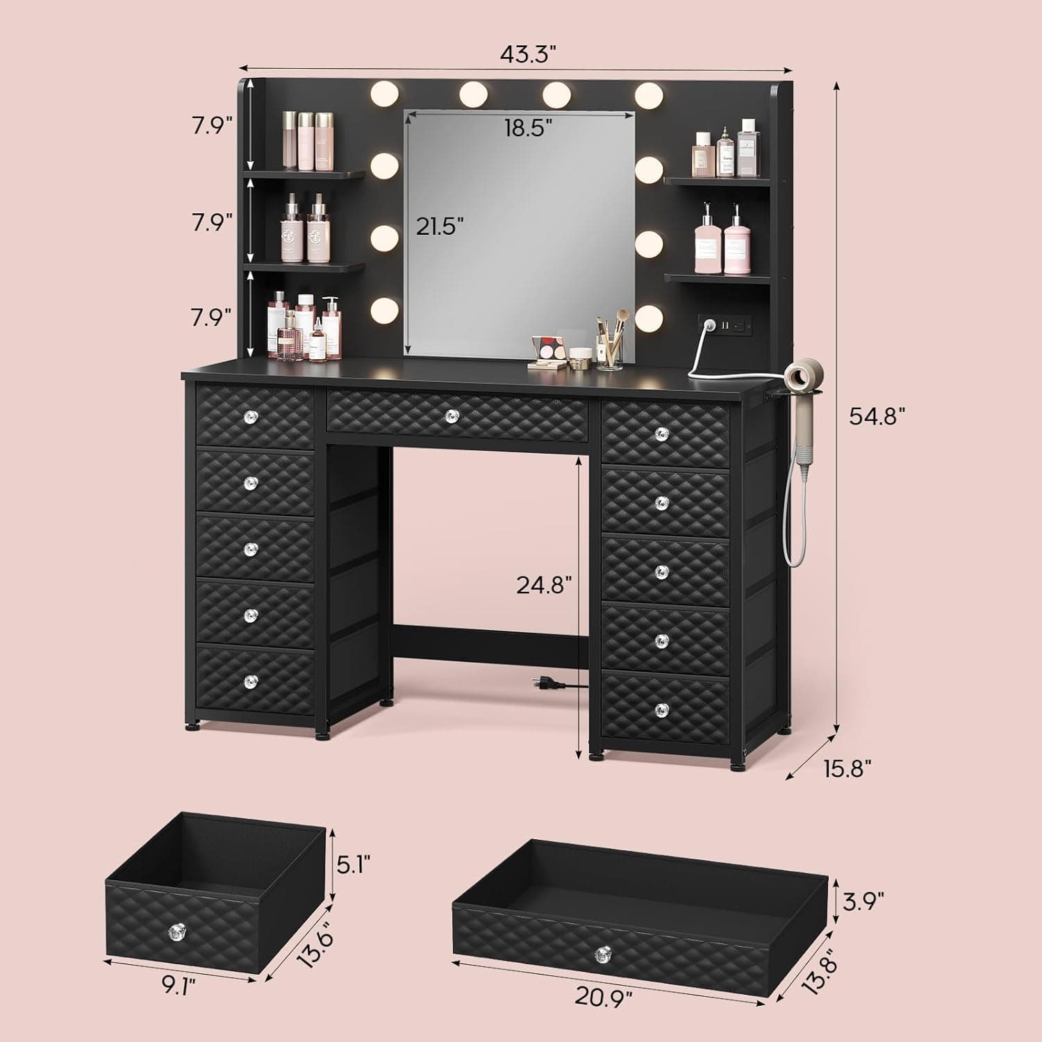 Vanity with Lights and Mirror, 11 Drawer Makeup Vanity with Power Strip, 6 Open Shelves, 43.3” Vanity Desk with Storage, Dressing Table with 3 Color Modes for Bedroom, Women, Girls, Black - Image 7