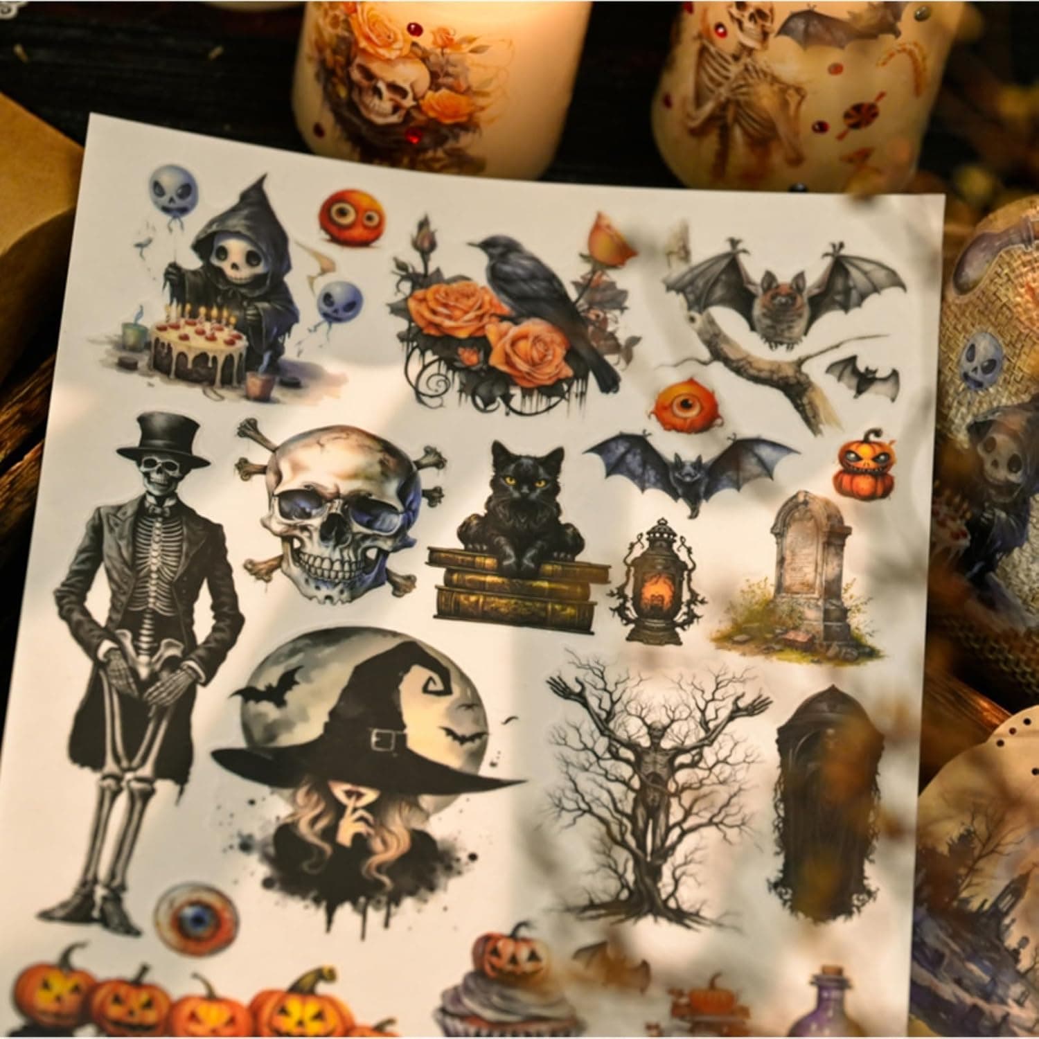 Vintage Rub On Transfer Stickers Scrapbooking Stickers Junk Journal Supplies, 3 Sheets, Gothic Designs with Skeletons, Pumpkins and Haunted Houses - Image 6