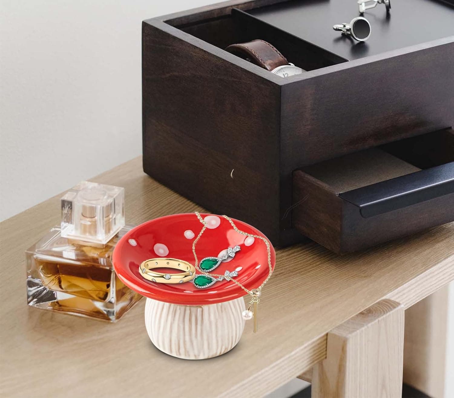 Mushroom Ring Holder Jewelry Tray Red Dish Ceramic Trinket Storage Jar Mini Engagement Ring Holder - Image 4