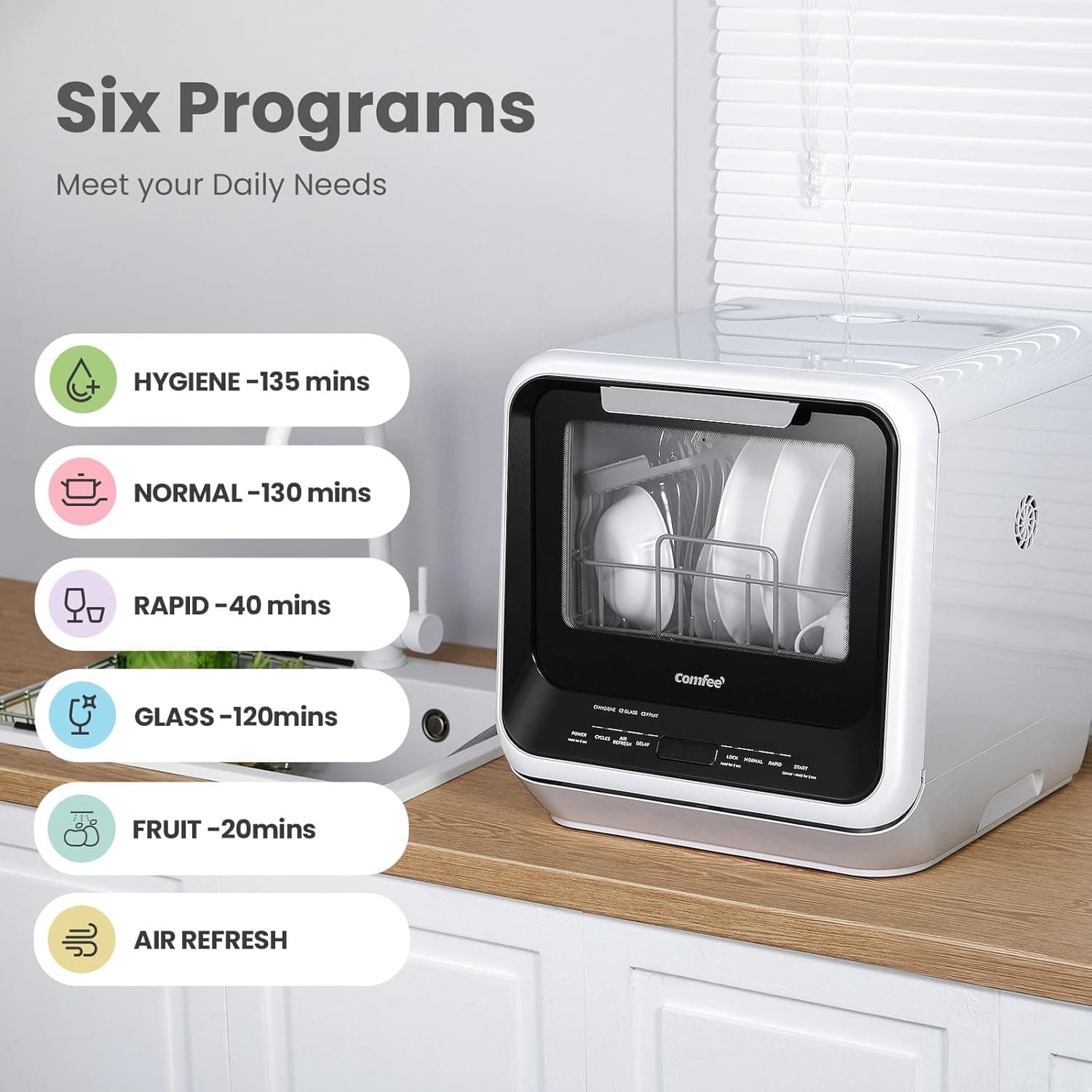 Lave-vaisselle portable mini COMFEE' de comptoir avec réservoir d'eau intégré de 5L pour appartements et VR, sans raccordement nécessaire, 6 programmes, 36 - Image 7
