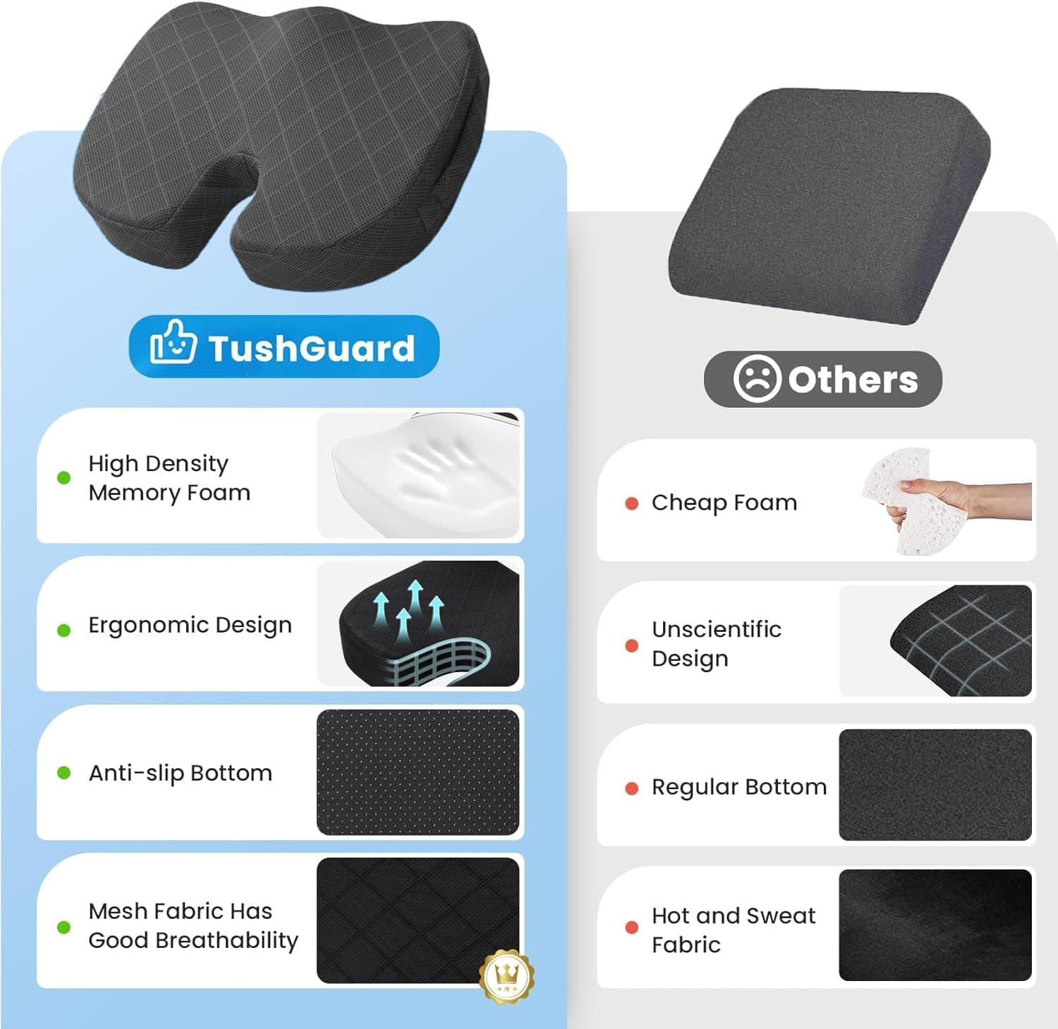 TushGuard Seat Cushion - Memory Foam Cushion for Office Chair, Car Seat, Airplane, Bleacher - Sciatica & Hip & Coccyx Pain Relief Desk Chair Cushion for Long Sitting Office Workers, Car Drivers Large Grey - Image 5