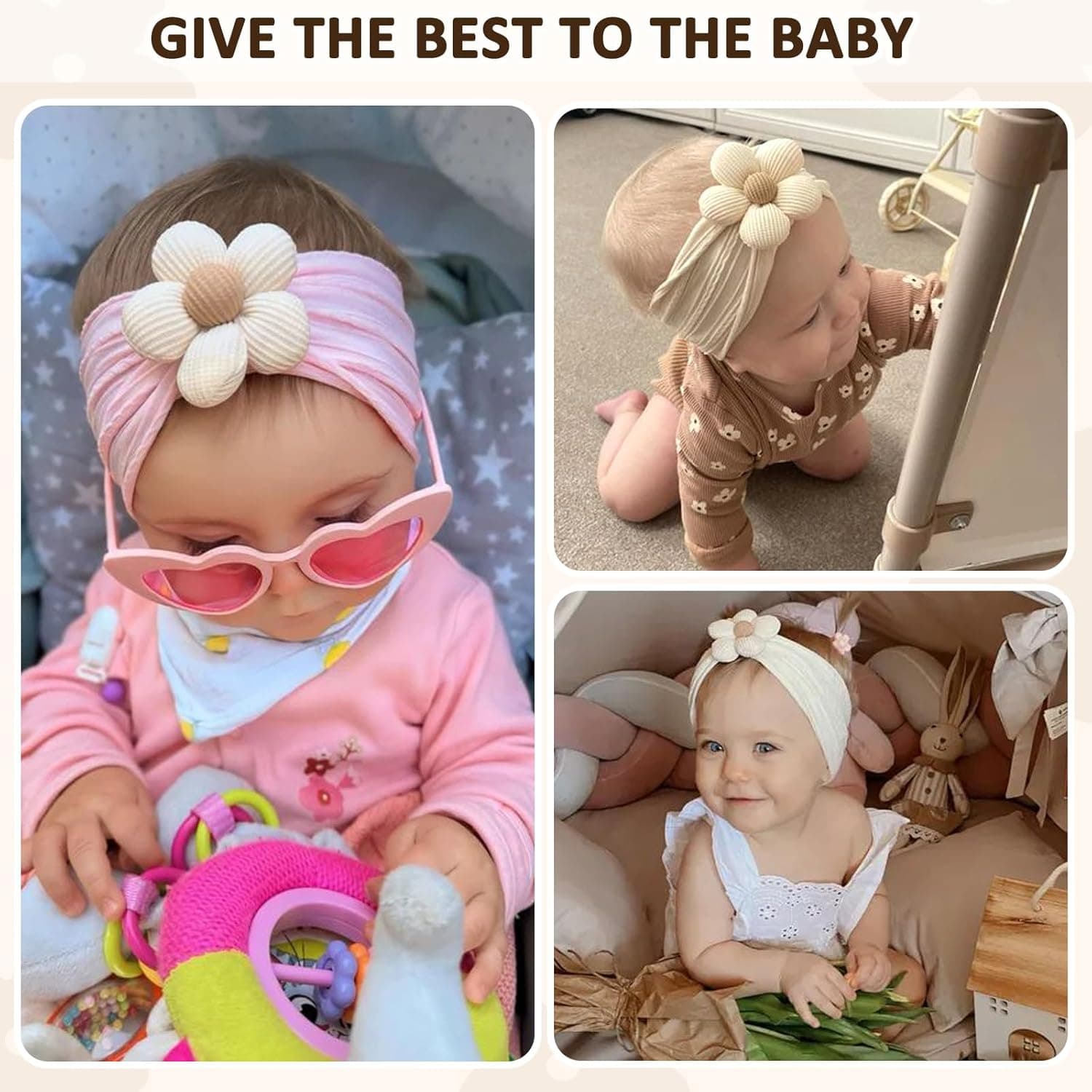 3 Pcs Baby Flower Headbands Baby Girls Nylon Headband Soft Hairbands Hair Accessories for Newborn Infant Toddler Kids (Beige Pink Khaki) - Image 4