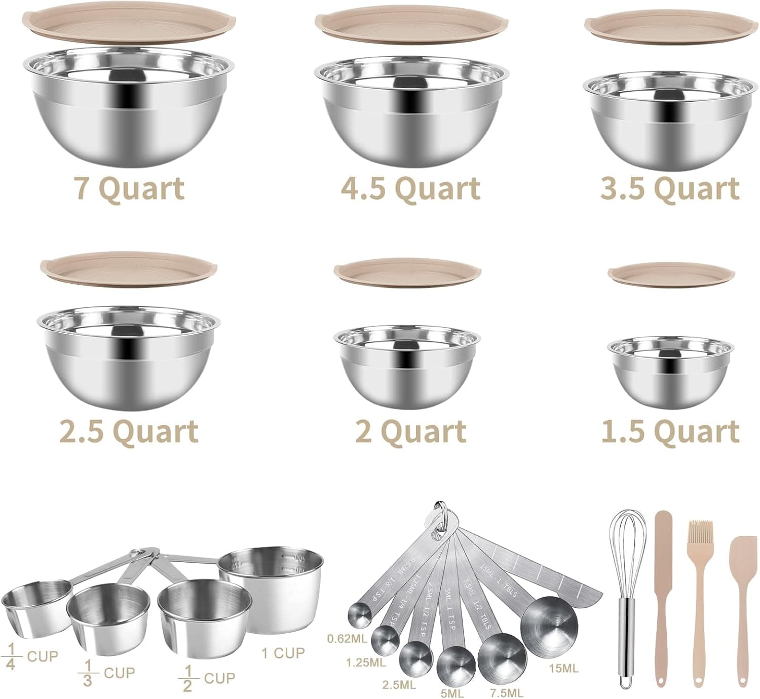 Mixing Bowls Set, 27PCS Khaki Mixing Bowls With Lids Set Stainless Steel Kitchen Large Nesting Metal Bowl 7QT to 1.5QT, Measuring Cups and Spoons for Prepping Cooking Serving Khaki Bowls Set - Image 9