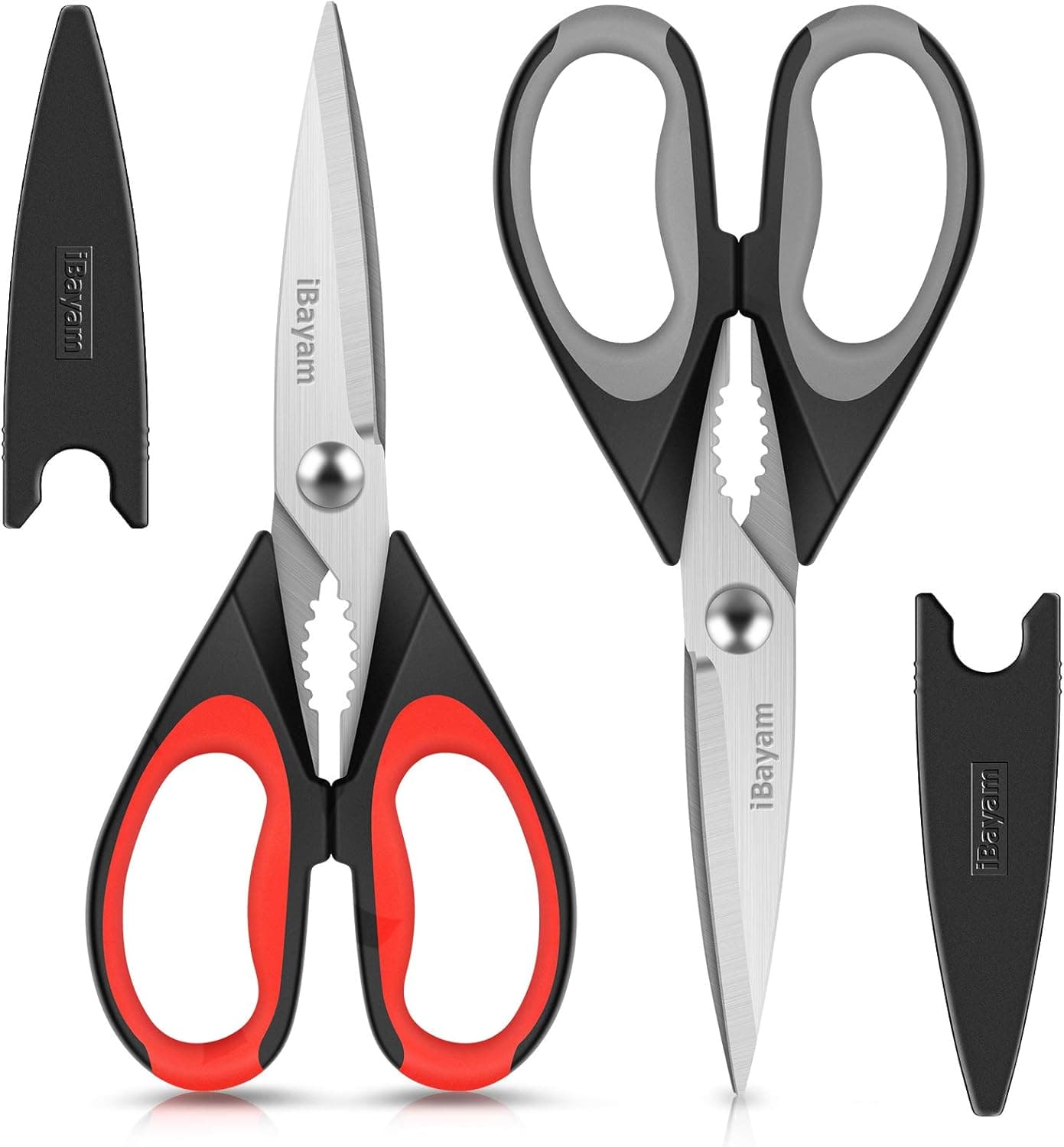 iBayam Kitchen Scissors All Purpose Heavy Duty, Kitchen Utensils Set, Stainless Steel Cooking Utensils Gadgets, Meat Poultry Food Shears Dishwasher Safe Utility Tools Home Gift, with Protective Sheath Black Red, Black Gray 2-Pack - Image 2