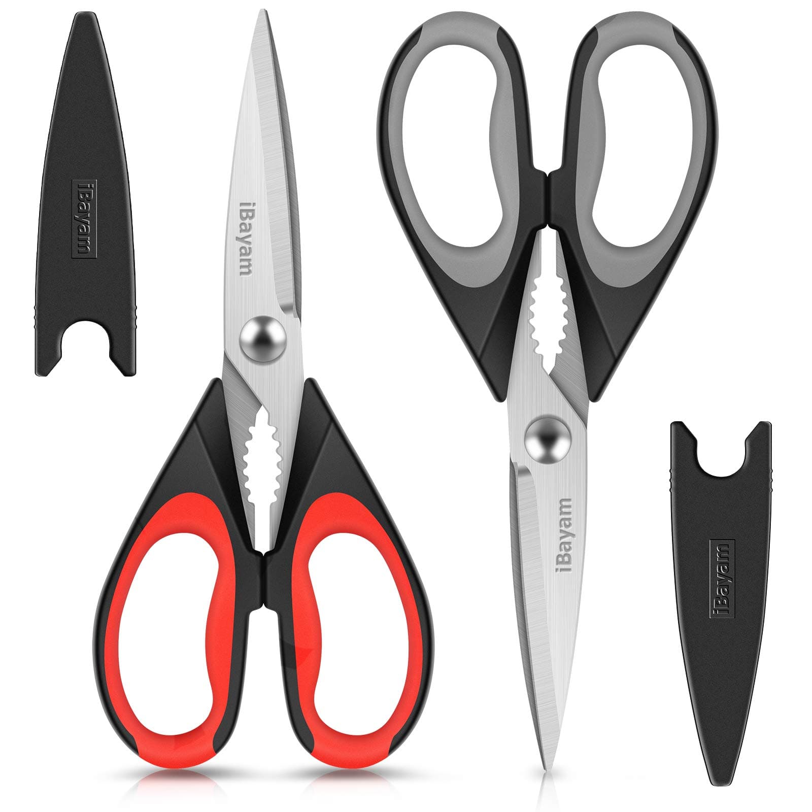 iBayam Kitchen Scissors All Purpose Heavy Duty, Kitchen Utensils Set, Stainless Steel Cooking Utensils Gadgets, Meat Poultry Food Shears Dishwasher Safe Utility Tools Home Gift, with Protective Sheath Black Red, Black Gray 2-Pack