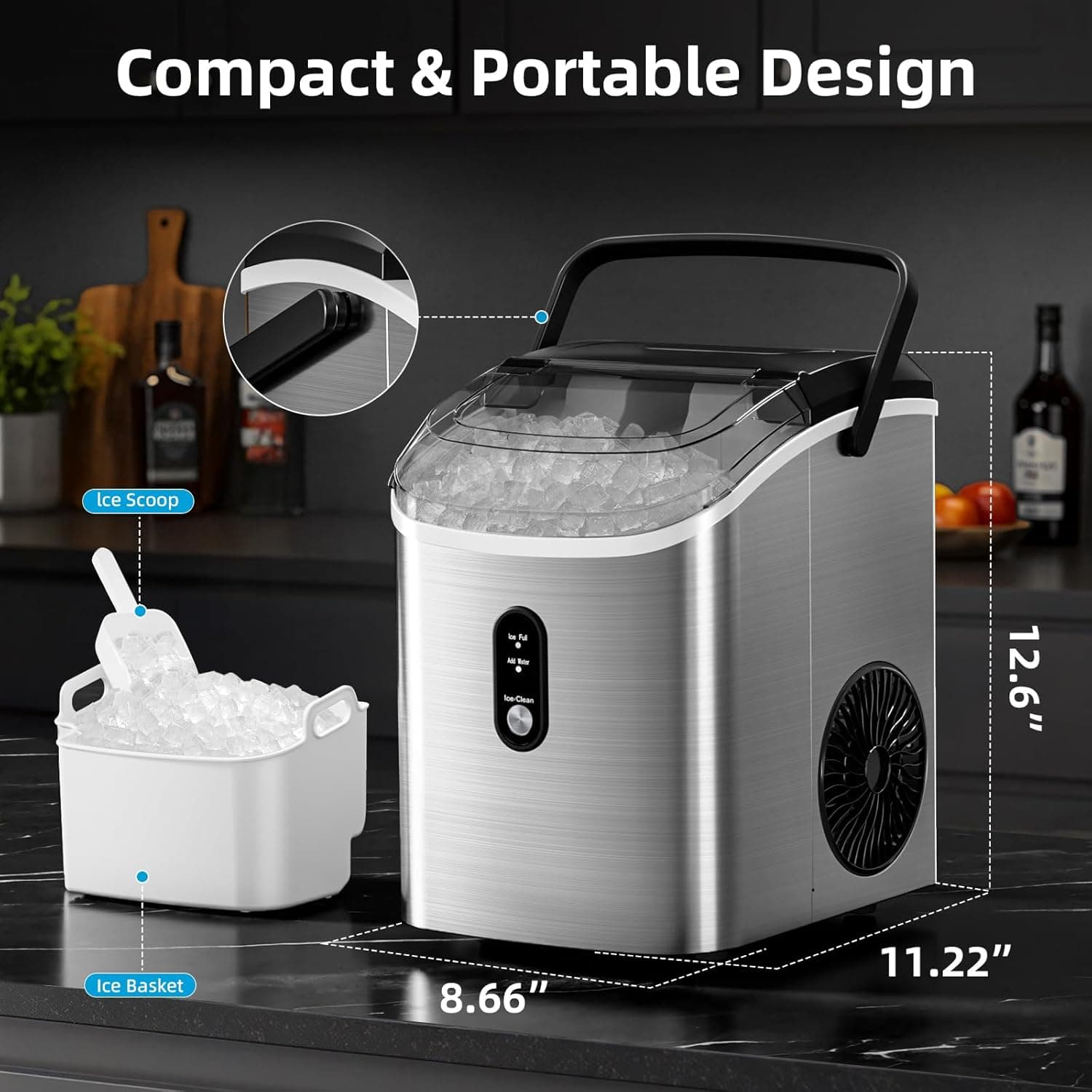 Antarctic Star Nugget Ice Maker Countertop with Soft Chewable Ice, Portable Sonic Ice Maker with Basket and Scoop, Removable Top Cover, Auto-Cleaning for Home/Party/RV/Camping (Stainless Steel Silver) 34Lbs/24H Silver 1 - Image 5