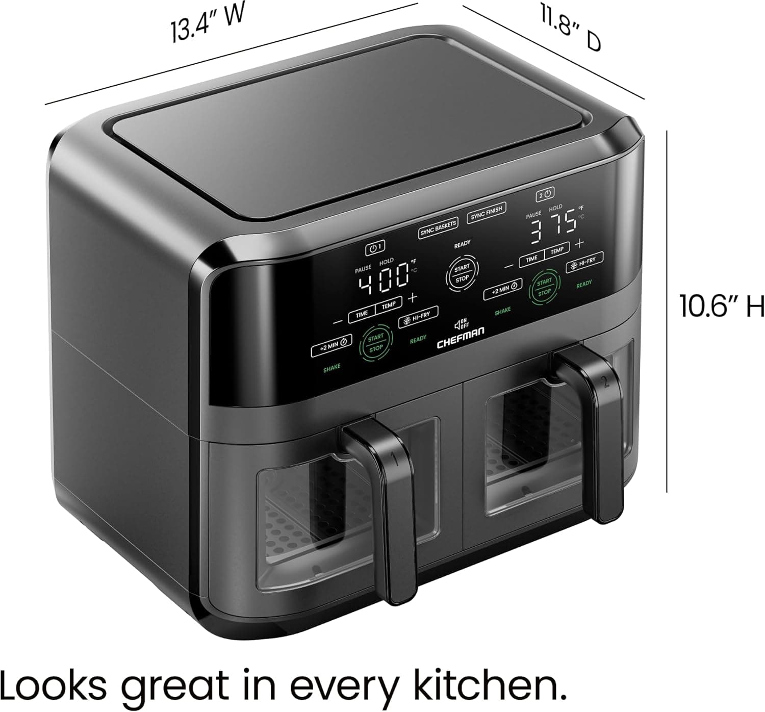 CHEFMAN 6 Quart Dual Basket Air Fryer Oven with Easy View Windows, Sync Finish, Hi-Fry, Auto Shutoff, 2 Independent 3Qt Nonstick Dishwasher Safe Frying Baskets, Digital Double Air Fryer - Black - Image 8