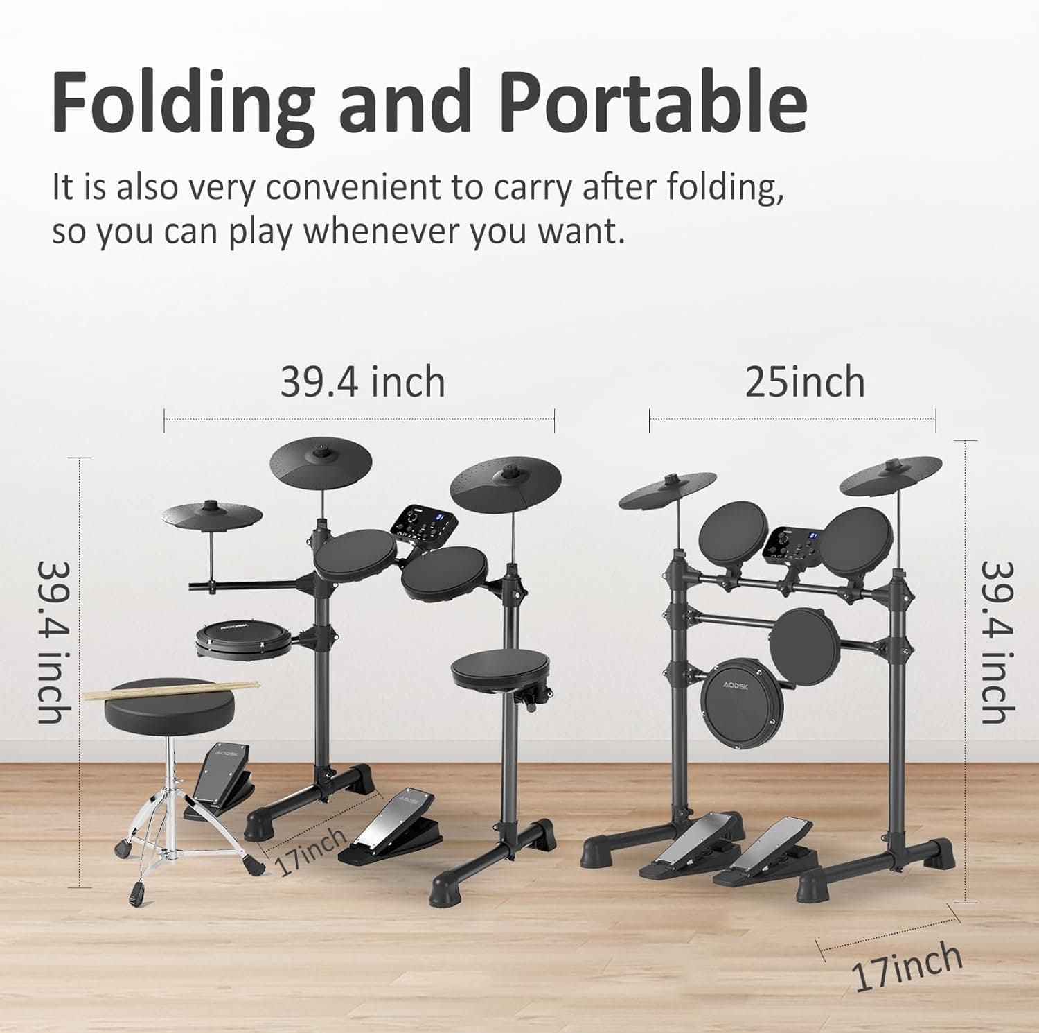 Juego de Batería Eléctrica AODSK para Principiantes con 150 Sonidos, 4 Pads de Batería Silenciosos, 2 Pedales, Silla, Baquetas, Batería Electrónica con Auriculares, AED-400 - Image 4