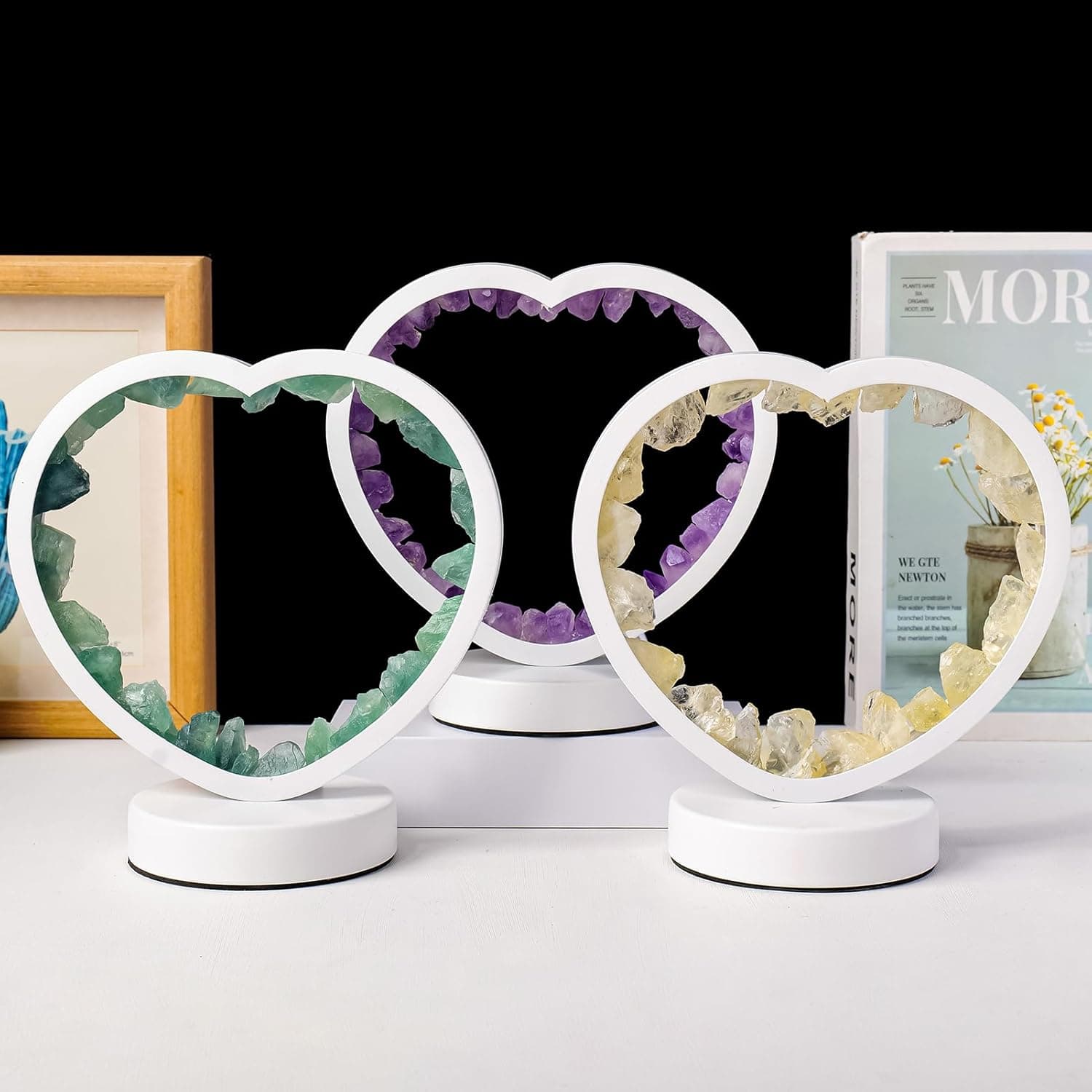 Runyangshi Natural Crystal Night Lamp Heart Shape Bedroom Bedside Sleep Night Light Healing Crystal Gemstone Green Fluorite Light Tri-Color Ambient Light USB Powered for Home Decor Mother's Day Gift Green fluorite Tri-Color light - Image 8