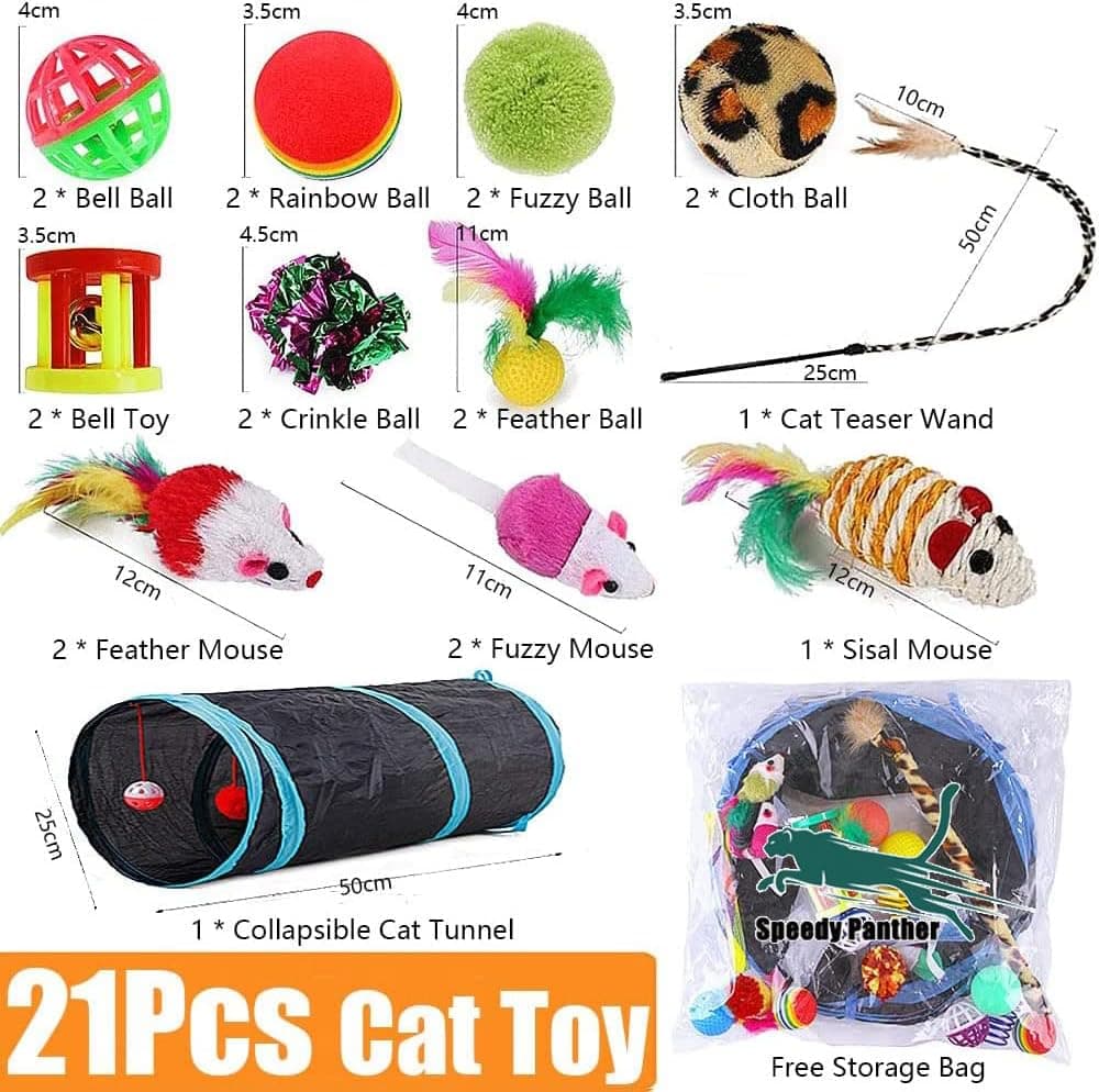 21 Pcs Cat Toys for Indoor Cats Collapsible Cat Tunnel Interactive Feather Teaser Wand Ball Toy for Kitten Cats Black - Image 3