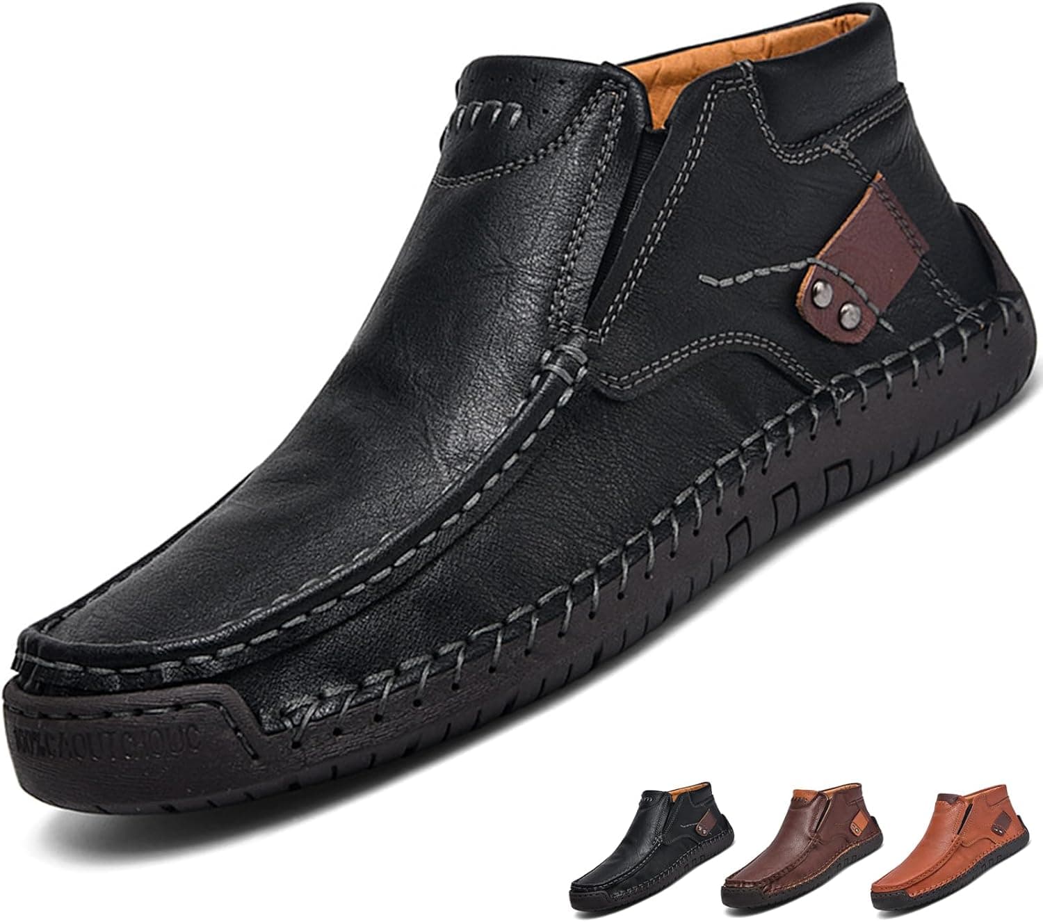 Amazon.com | MDIOEP Men’s Retro Leather Hand-Stitching Slip On Ankle Boots Fashion Moccasin Toe Comfortable Non-Slip Mid Top Chukka Boots Outdoor Casual Driving Walking Boots (brown,12.5) | Chukka - Image 5