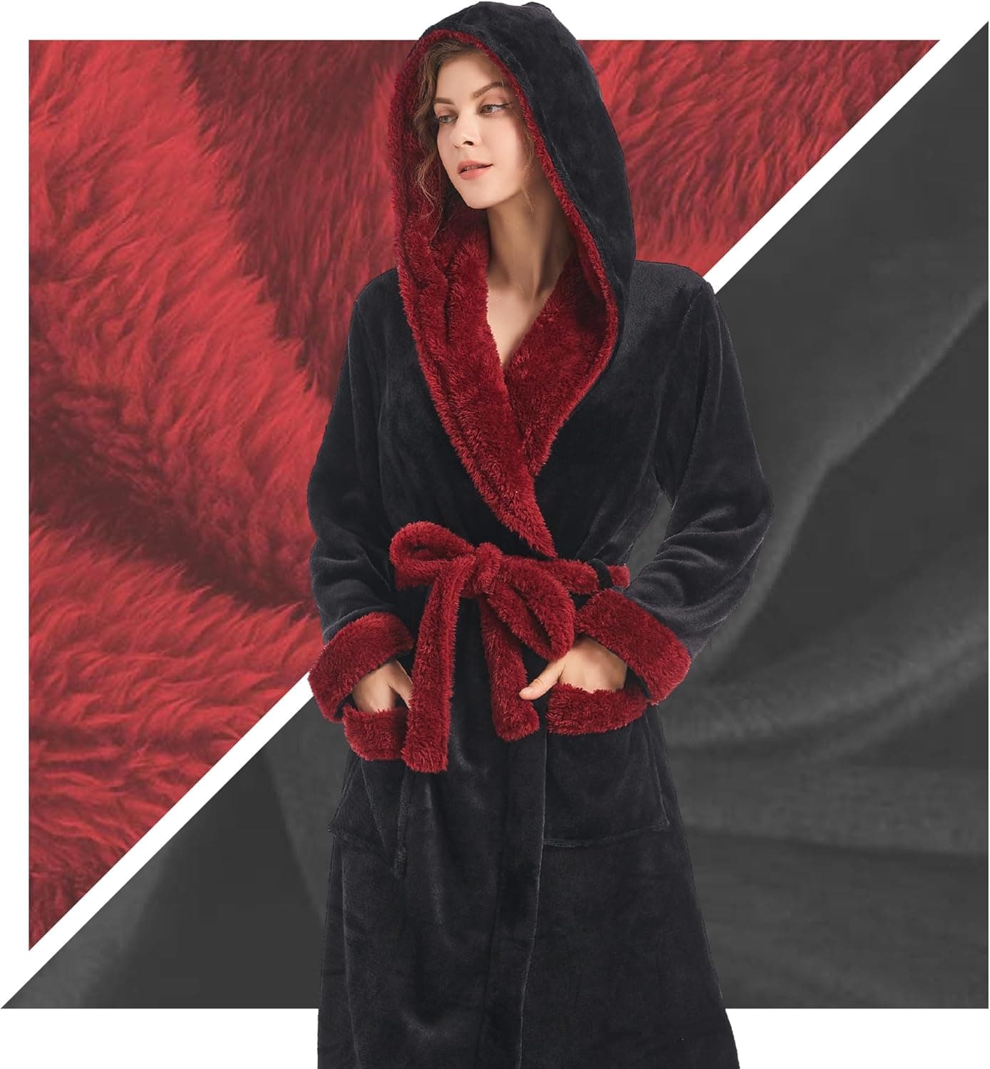 Inner Wish Women Hooded Plush Robe, Fleece Cozy Warm Bathrobe Small-Medium Black+burgundy - Image 7