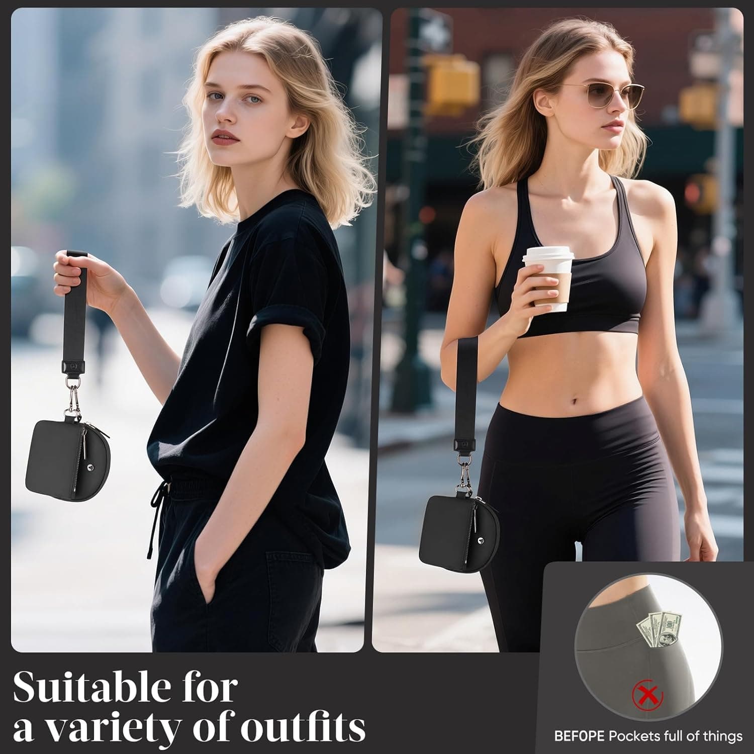 KeyChain Wallet Wristlet Wallets For Women Mini Zip Dual Pouch Wristlet black+black - Image 4