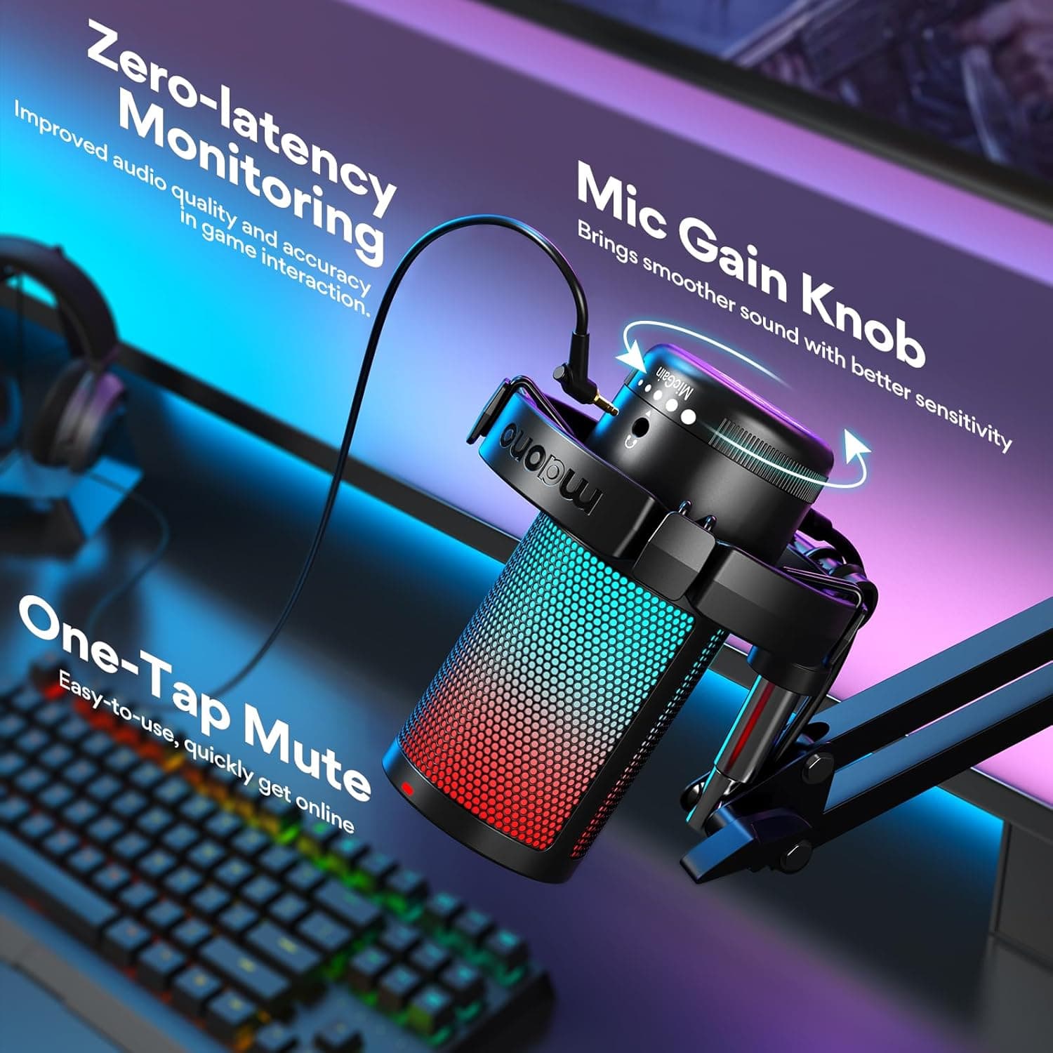 MAONO Micrófono USB para Gaming, Micrófono de Condensador con Cancelación de Ruido, Silencio, Ganancia, Monitoreo, Micrófono con Brazo para Streaming, Podcast - Image 5