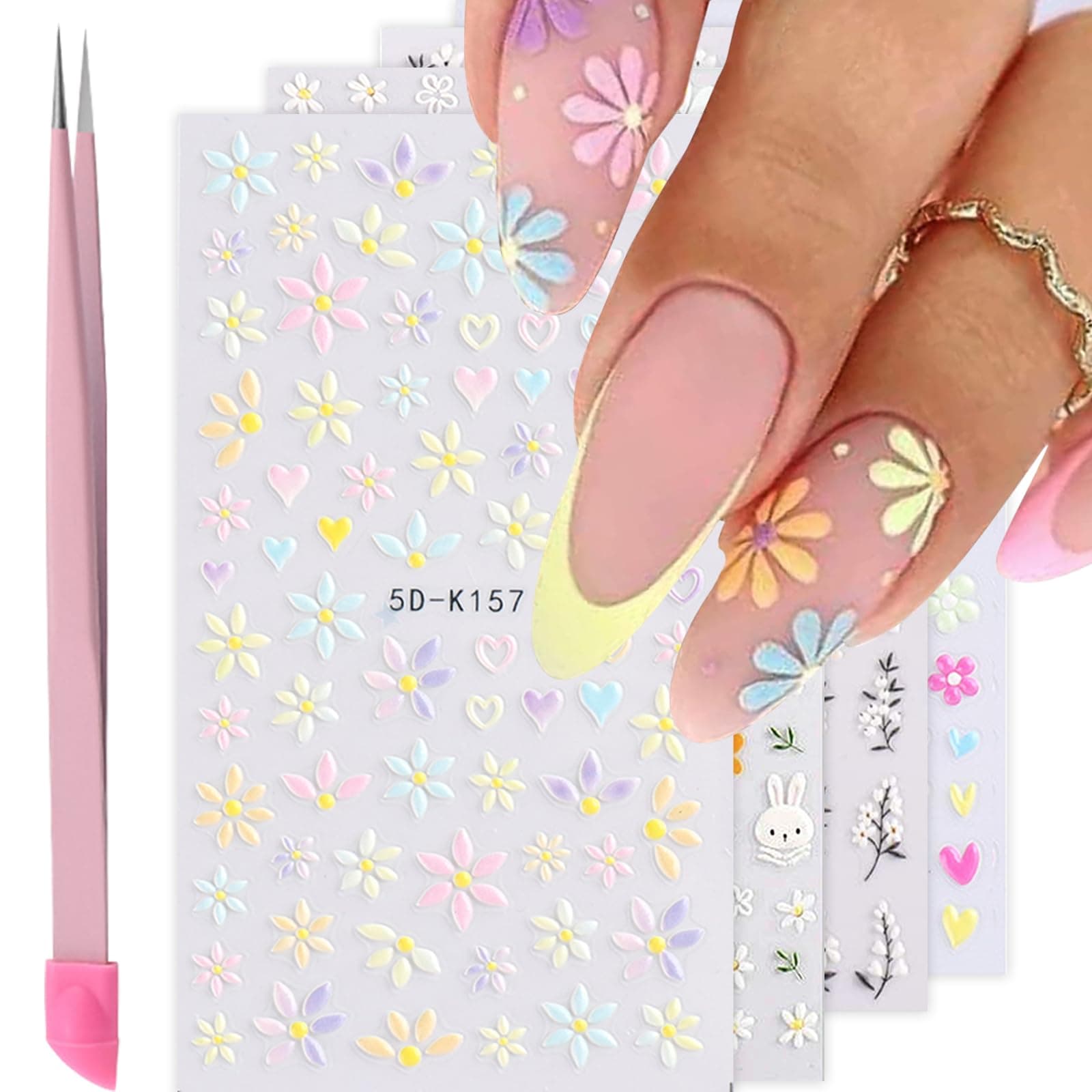 Flower Nail Art Stickers - 5D Embossed, Spring/Summer Daisy Designs, Self-Adhesive Decals for Women's Nail DIY Decoration Colorful-01
