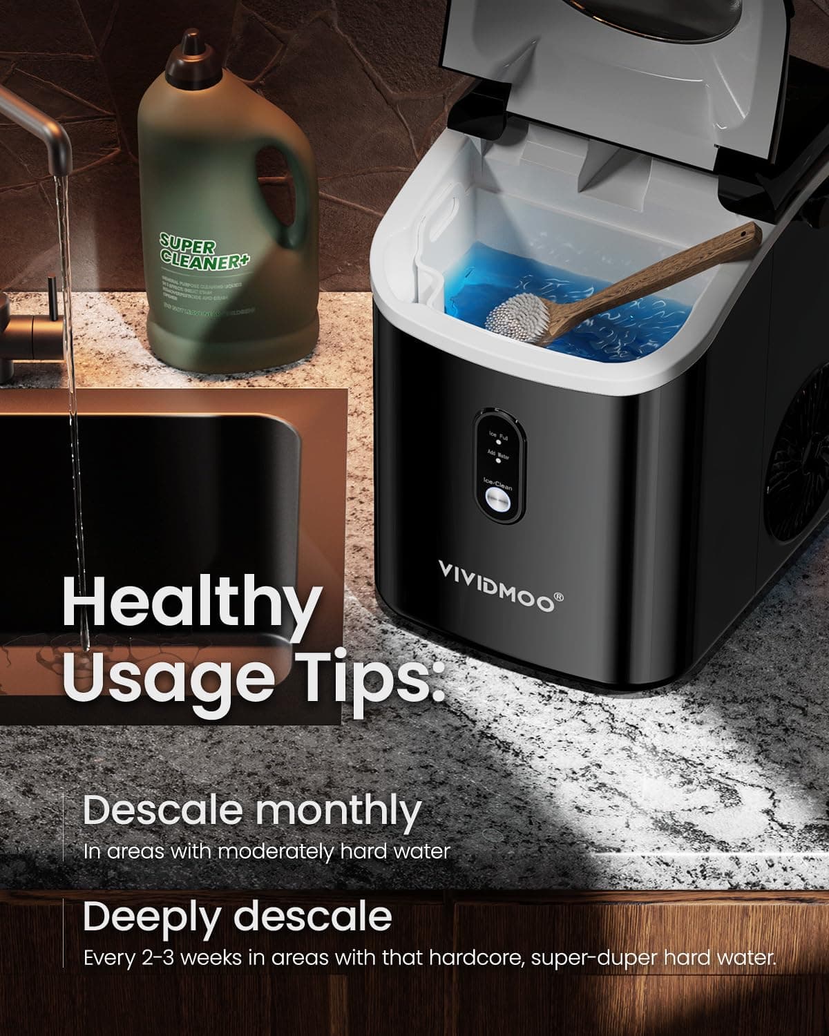 Nugget Ice Maker Countertop, 34lbs/Day, Portable Sonic Pebble Ice Maker with Self-Cleaning, Fast Ice in 6 Mins, Compact Crushed Pellet Ice Machine for Home/Office/Kitchen/RV/Camping, Black Black ICE - Image 7