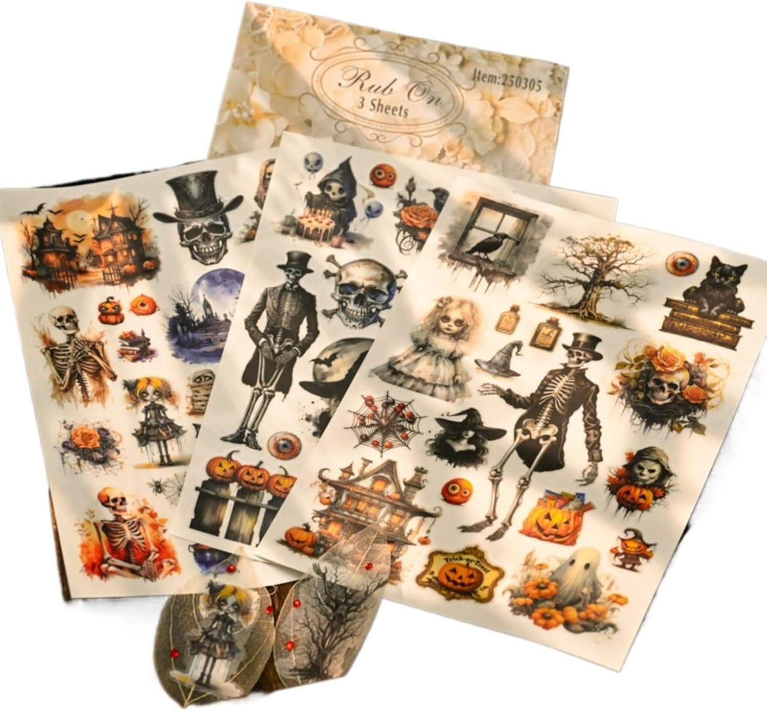 Vintage Rub On Transfer Stickers Scrapbooking Stickers Junk Journal Supplies, 3 Sheets, Gothic Designs with Skeletons, Pumpkins and Haunted Houses - Image 2