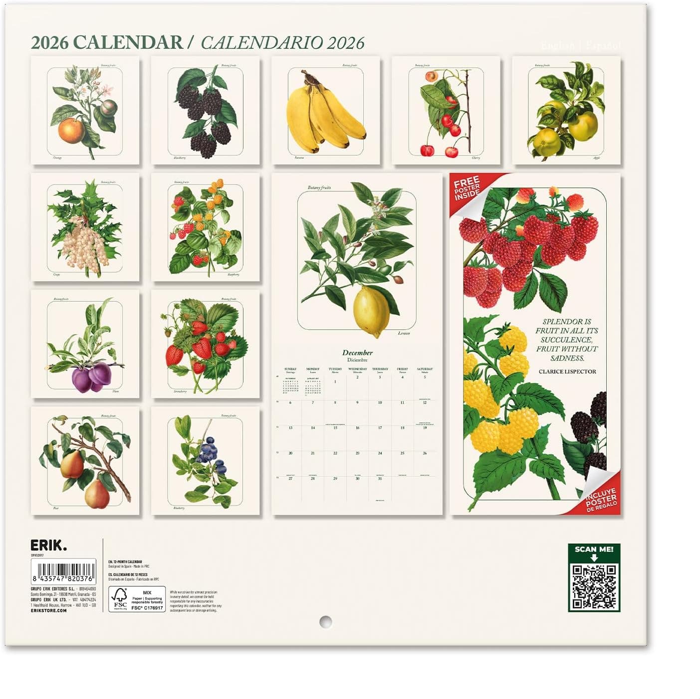 Calendario Botánico de Pared 2026 12" x 12" Sin Plástico FSC® - Comienza la Semana el Domingo | Planificador Familiar Calendario de Frutas 2026 Frutas Botánicas 20206 - Image 2
