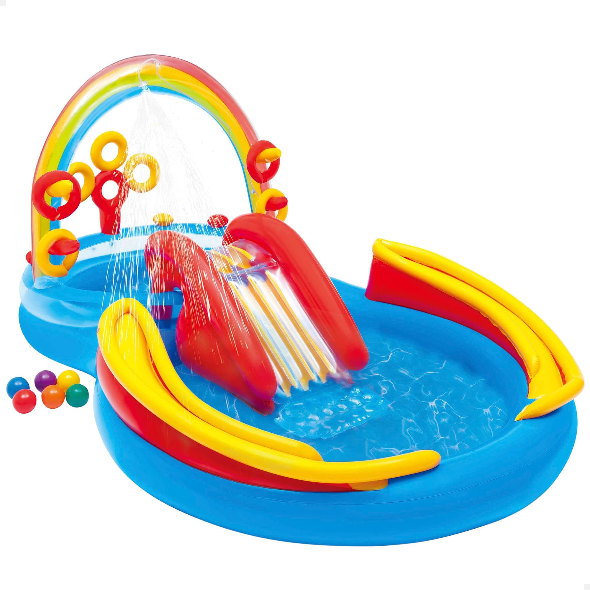 Intex 57453EP 9.75 Foot x 6.3 Foot x 53 Inch Multicolor Rainbow Slide Kids Inflatable Pool with Water Slide and Ring Toss for Children Ages 2 and Up Multicolor 117" x 76" x 53"