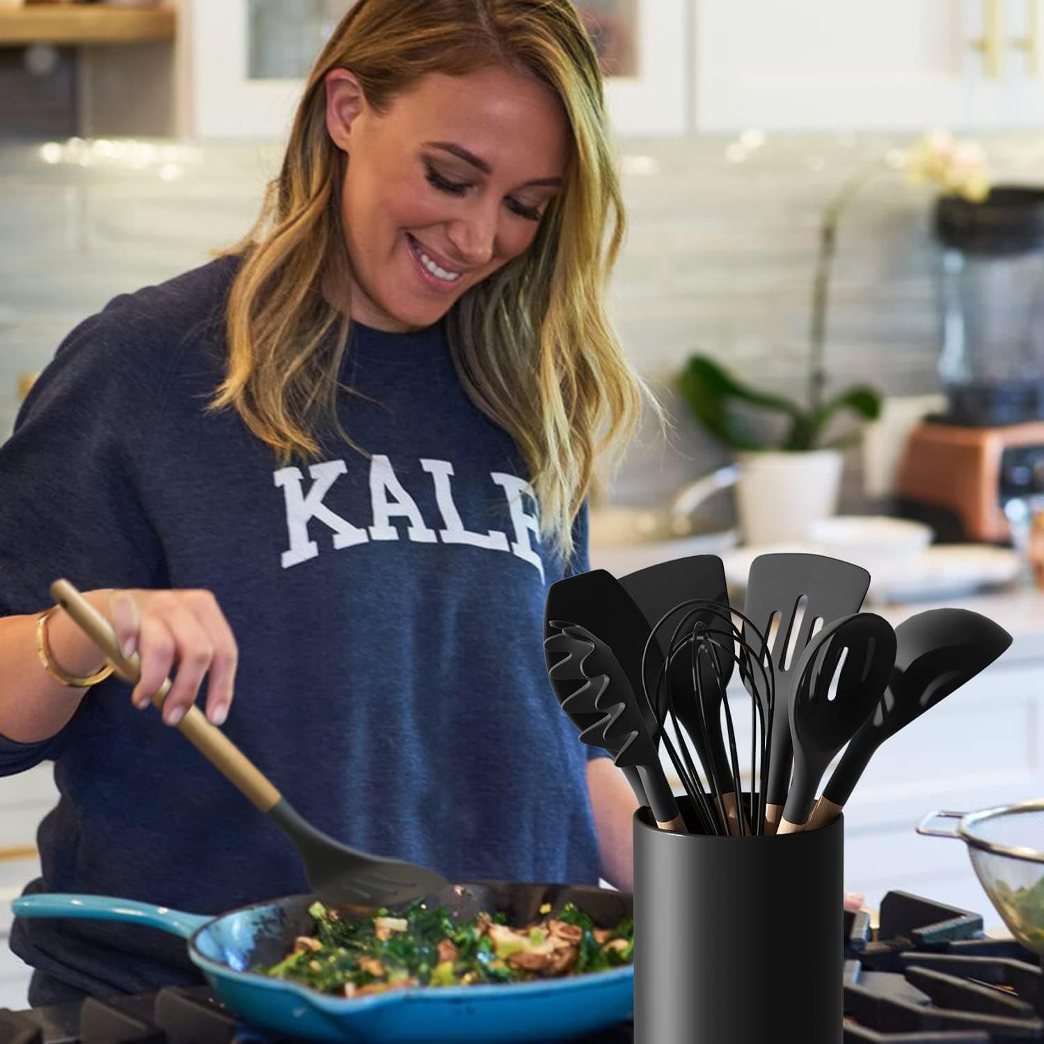 Black Kitchen Utensil Holder for Countertop, Matte Ceramic Utensils Crock for Kitchen Counter-top, Modern Spatula Holder, Cooking Utensil Holder Easy to Clean for Farmhouse 4.5×6.4 IN 6.4 INCH Black - Image 3