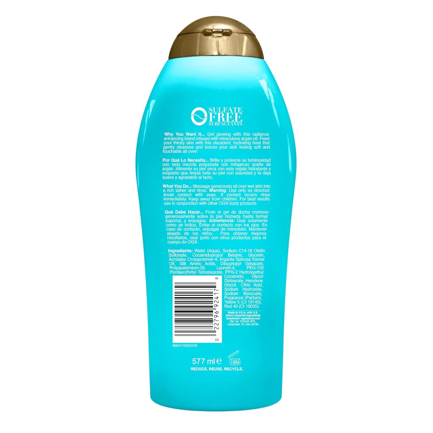 OGX Radiant Glow + Argan Oil of Morocco Extra Hydrating Body Wash for Dry Skin, Moisturizing Gel Cleanser for Silky Soft Skin, Body Wash for Women, Sulfate-Free Surfactants, 19.5 fl oz Citrus Fresh/Floral Green/Woody 19.5 Fl Oz (Pack of 1) - Image 8