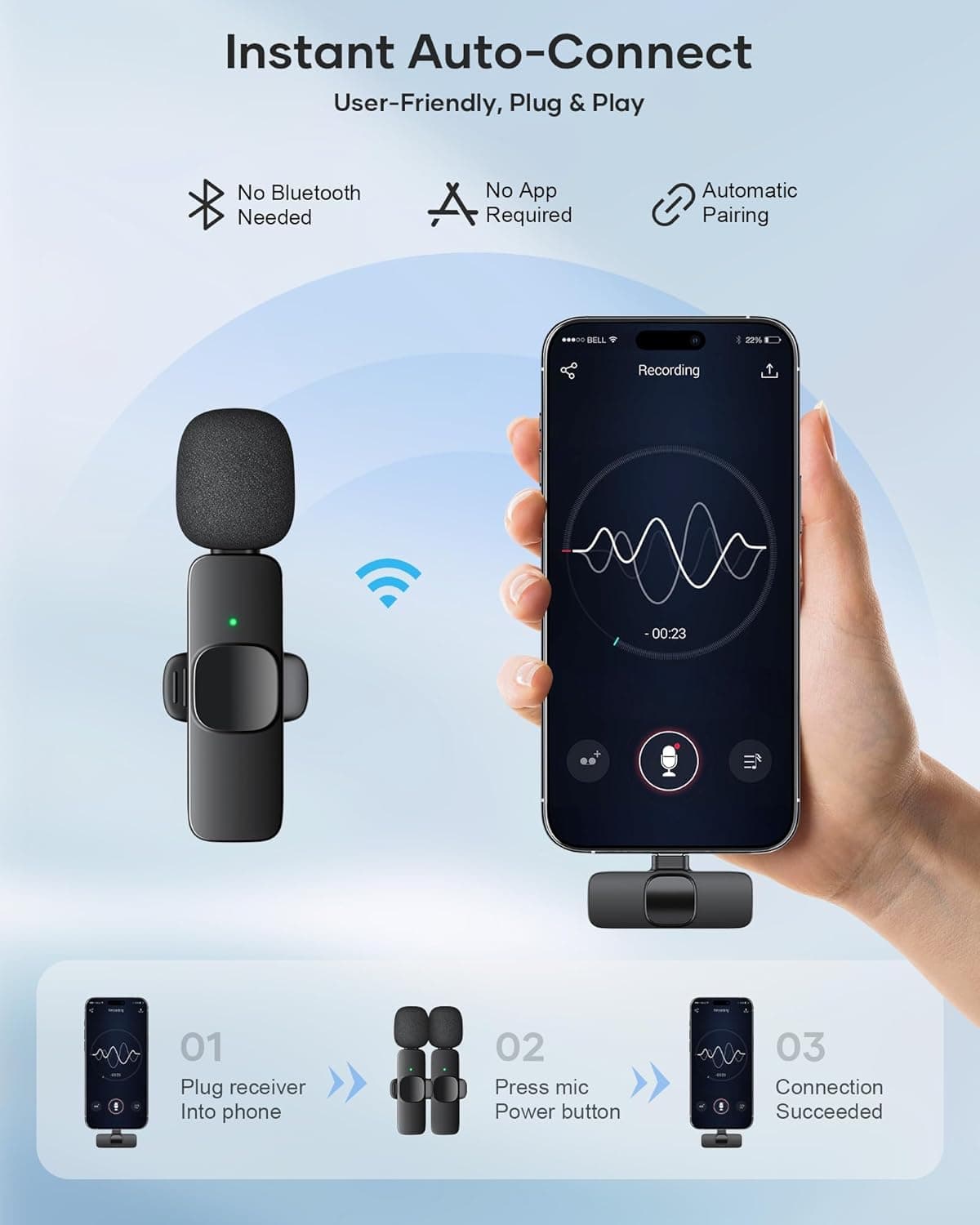 2 Pack Wireless Lavalier Microphone for iPhone iPad and Android Phone, Lapel Mic Plug and Play Wireless Mic Noise Reduction Mini Microphone for Video Recording Interview Podcast Vlog YouTube Tiktok Mic 2 (2 TX + 1 RX) - Image 3