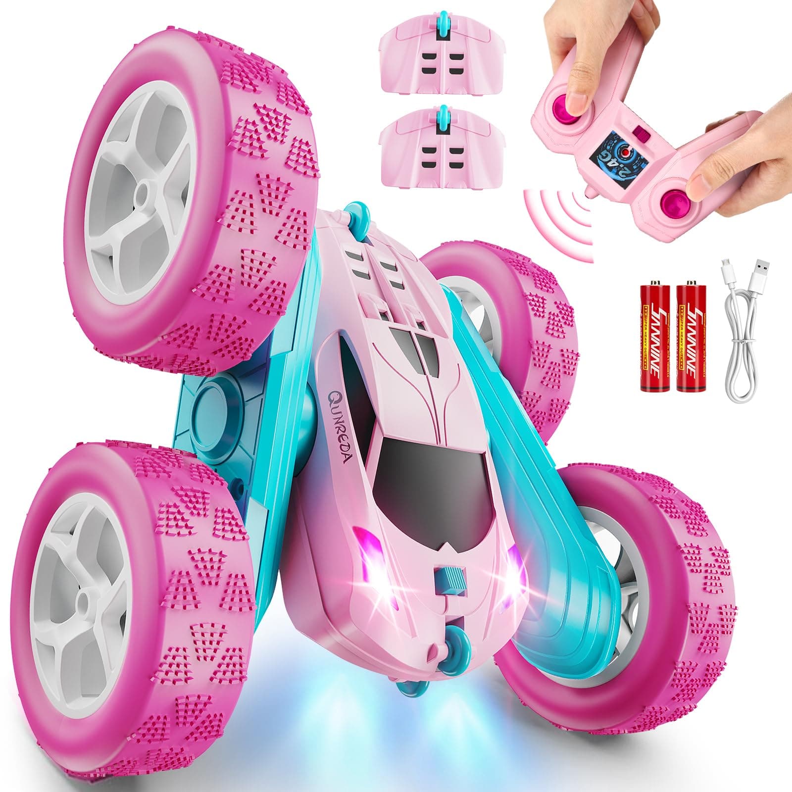 Voitures RC, Voiture télécommandée rose pour filles, Voiture stunt RC double face 2,4 GHZ avec télécommande rotative 360° et phares, Jouets de voiture pour filles de 6 7 8 9 10 11 12 ans, Cadeau d'anniversaire