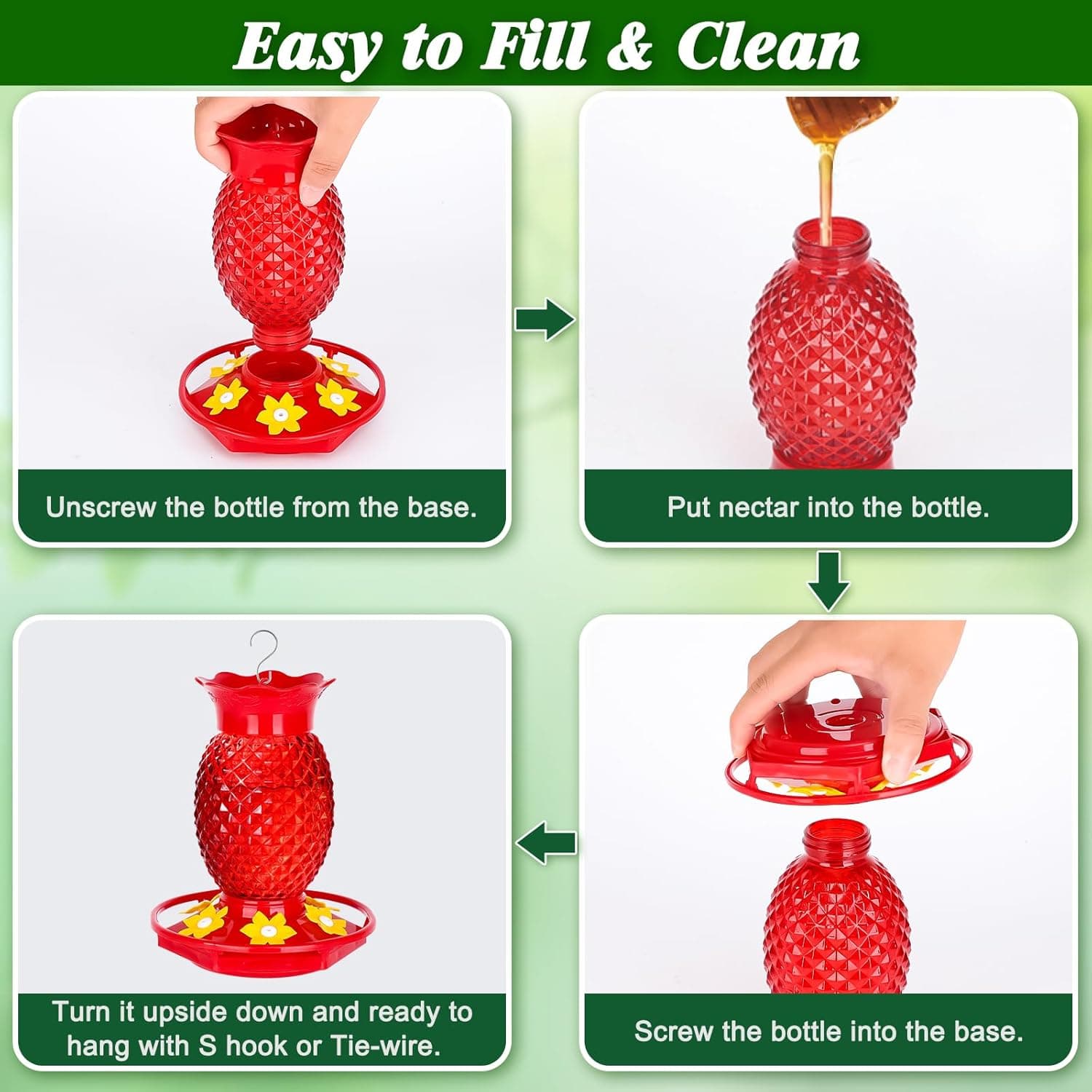 Glass Hummingbird Feeders for Outdoors Hanging Ant and Bee Proof 16OZ 2 Pack Red Pineapple Humming Bird Feeder with 6 Feeding Ports and Ant Moat Hummingbird Gifts for Women Garden Decor 2 16 OZ - Image 8