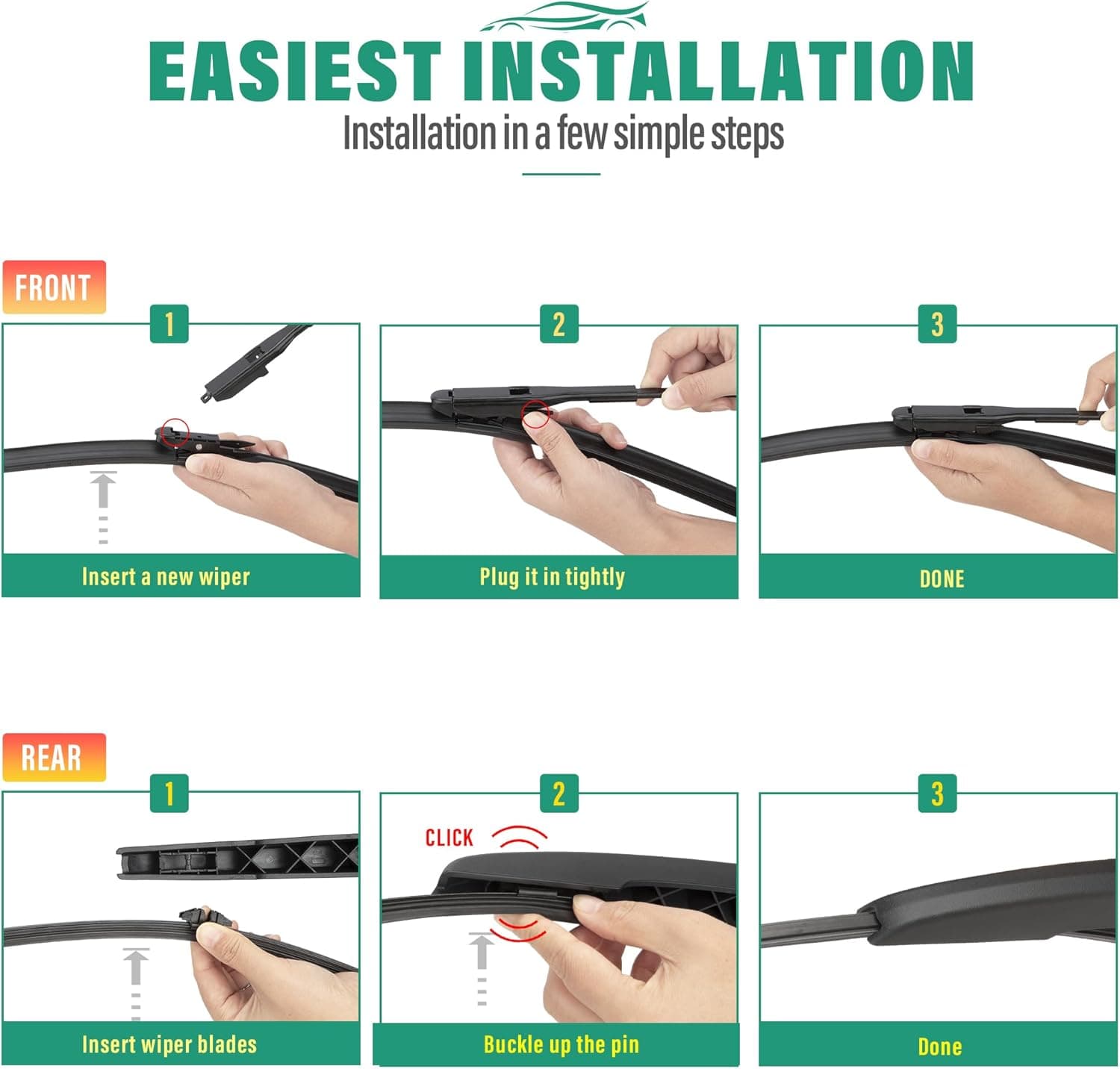 26" 22" 11" Windshield Wiper Blades Replacement for Ford Explorer 2011 2012 2013 2014 2015 2016 2017 2018 2019 2020 2021 2022 2023 2024 OEM Premium All Weather Front Rear Wipers Set (Pack of 3) - Image 9