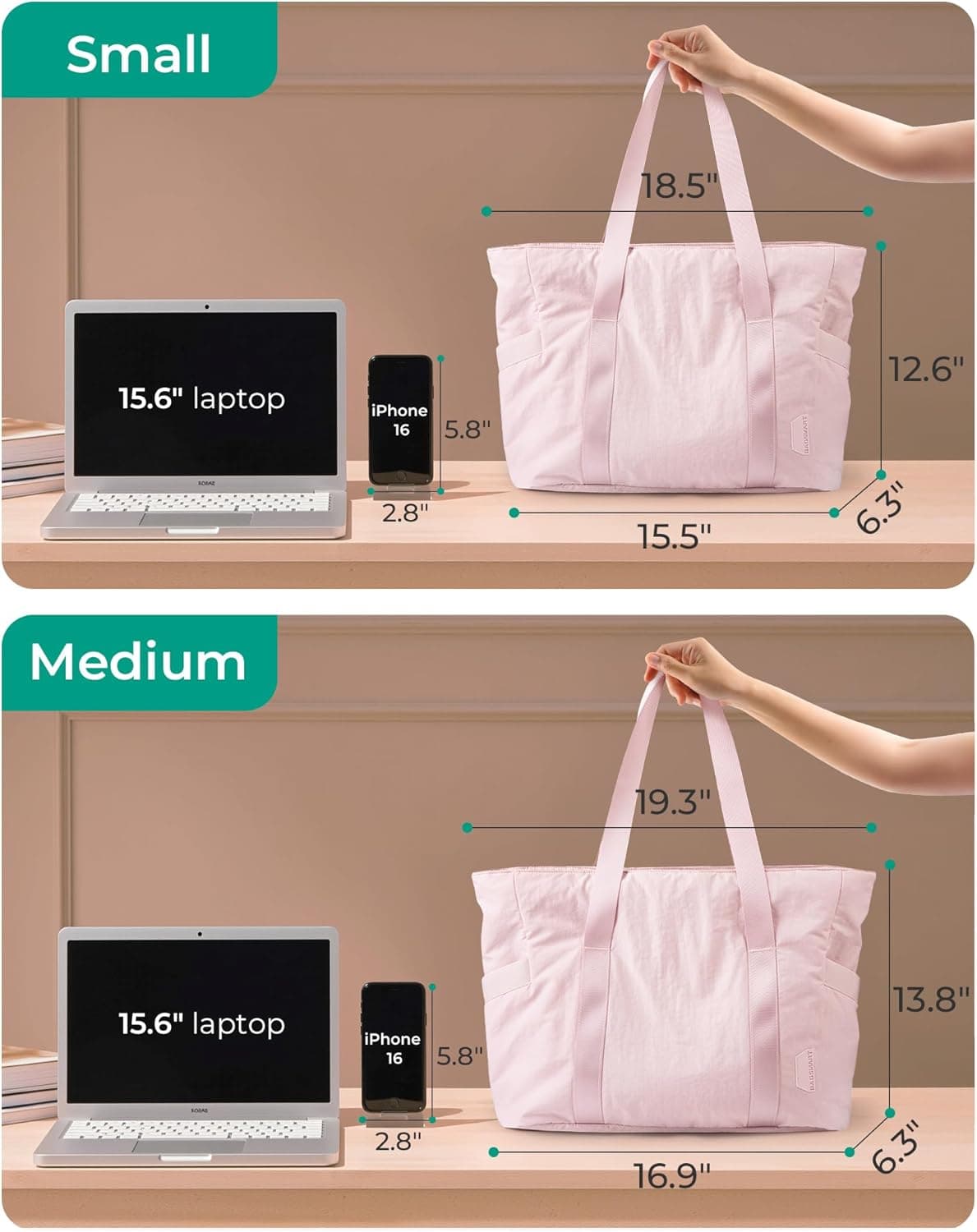 BAGSMART Tote Bag for Women, Tote Bag with Zipper Work Tote with Compartments Nurse Shoulder Hanbag for Travel, Gym Small B-pink-24l-fits 15.6" Laptop - Image 4