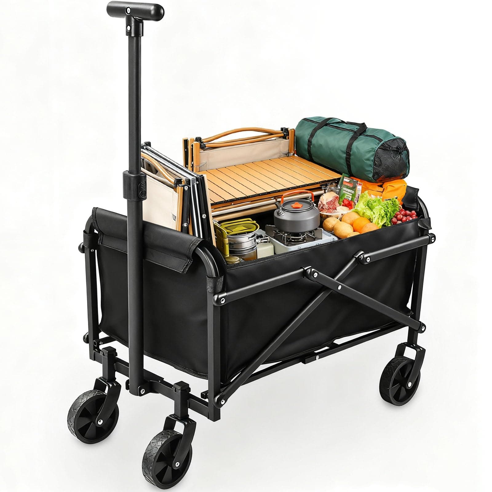 Collapsible Wagon Cart Foldable 220lbs Capacity,Lightweight Portable Beach Wagon, Shopping Carts with Wheels for Grocery,5" Removable Wheels & Adjustable Camping, Shopping, Beach, Fishing, Garden Cart