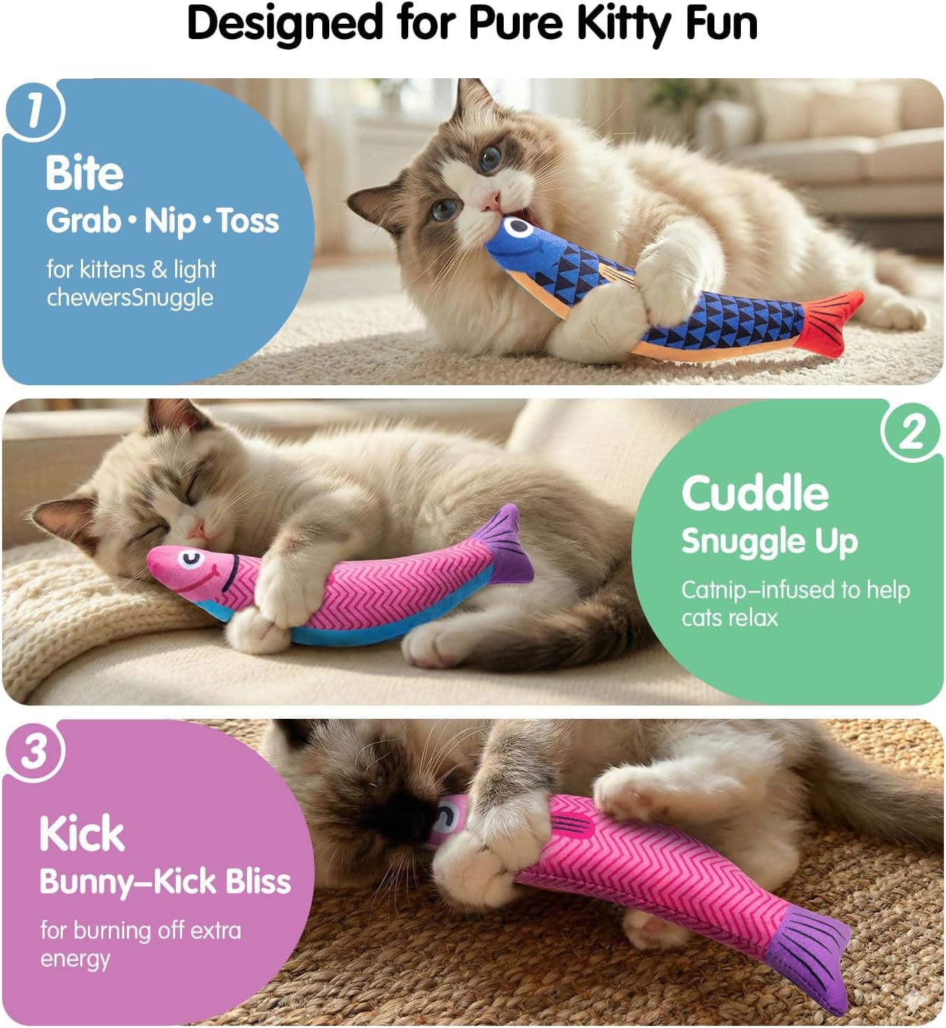 Juguetes para Gatos con [5000mg A+Hierba Gatera Natural & Silvervine] [Grado Bebé] Juguetes Interactivos Suaves para Morder para Gatos y Gatitos de Interior, [Sonido de Crinkle & Campana] Juguete en Forma de Pez, Vuelve Loco a tu Gato Aburrido con Diversión Azul+Rosa - Image 5