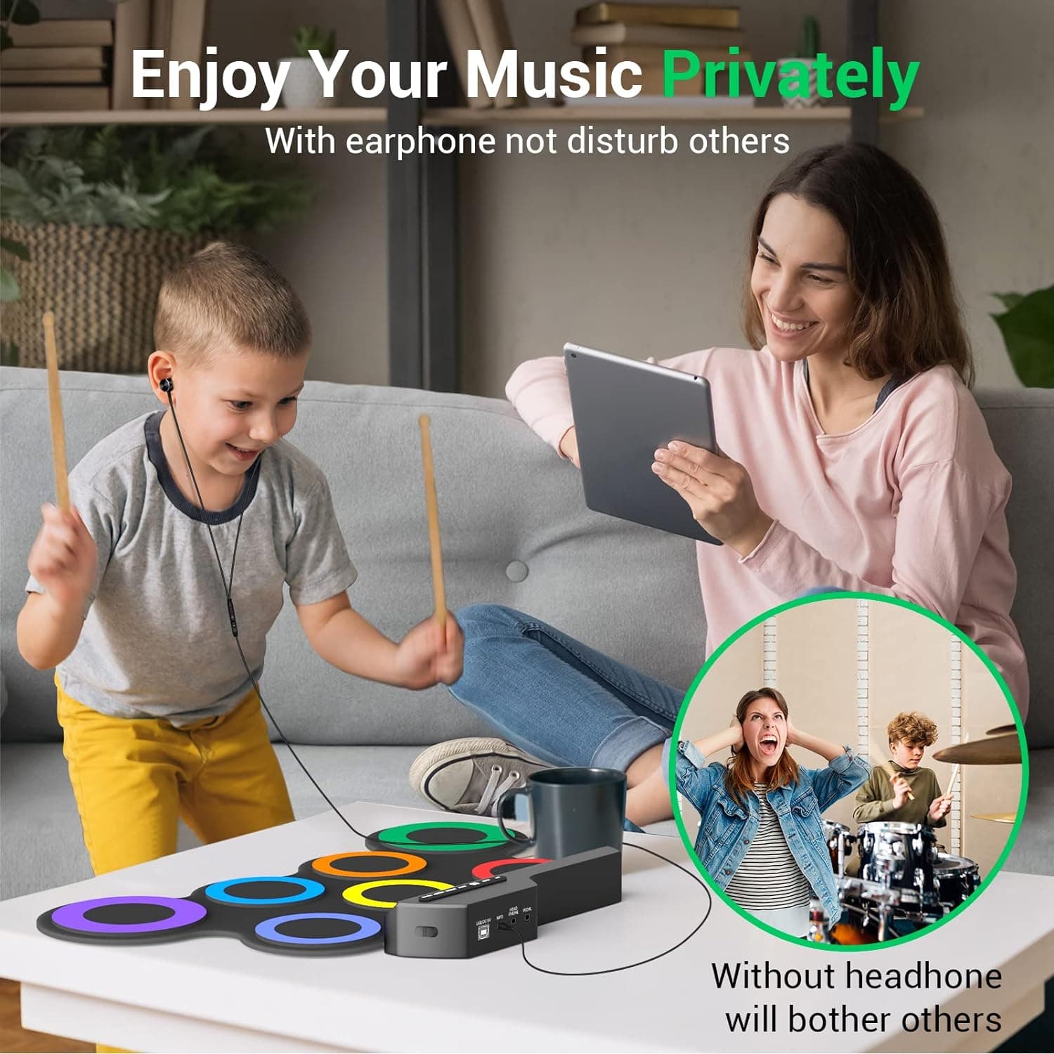 ROCKSOCKI Electric Drum Set, 7-Pad Kids Electronic Drum Set with Headphone Included, Roll-up Drum Practice Pad, Great Holiday Xmas Birthday Gift for Kids 3-8 yrs old - Image 4