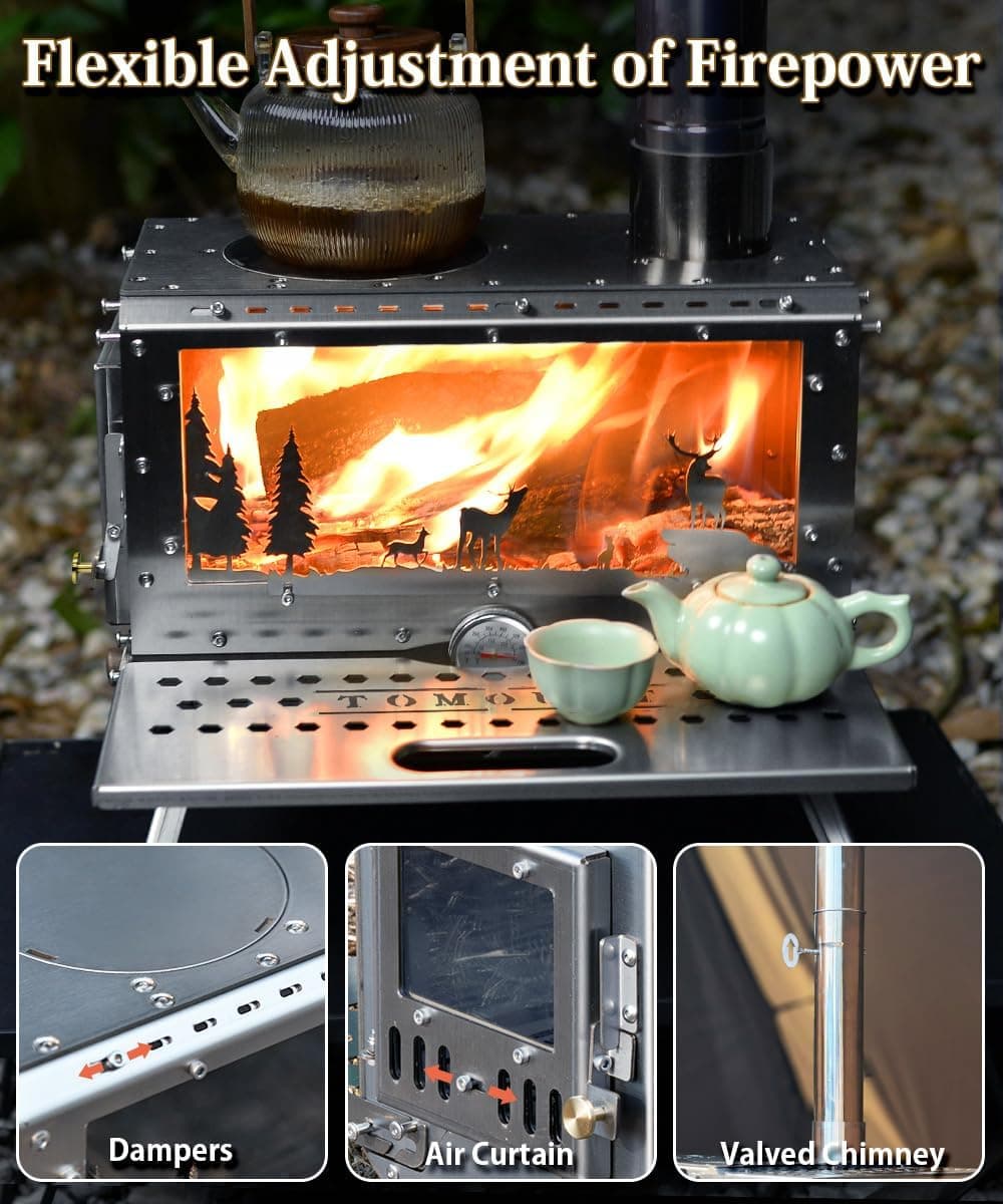 TOMOUNT Hot Tent Stove,Wood Stove with 7 Chimney Pipes,304 Stainless Camping Tent Stove with Spark Damper, Wood Burning Stove for Cooking and Heating，with heat-resistant Glass Window stainless steel color - Image 5